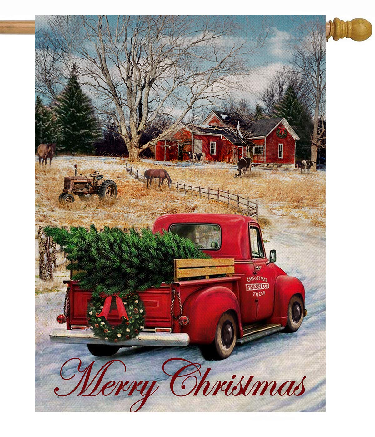 Dyrenson Merry Christmas 28 x 40 House Flag Red Truck Double Sided, Xmas Farmhouse Quote Burlap Garden Yard Decoration, Rustic Winter Vintage Seasonal Outdoor Décor Decorative Large Flag for Holiday