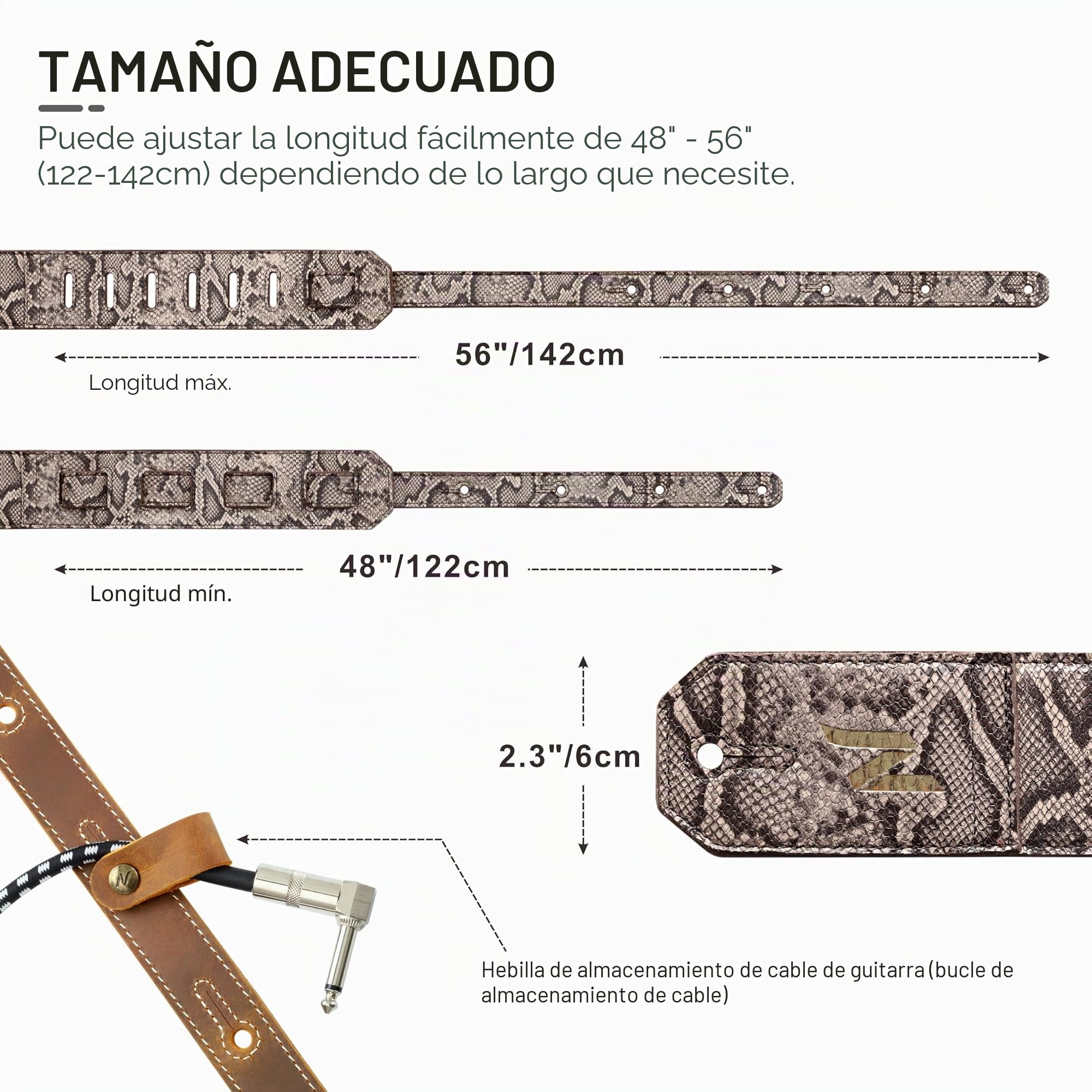 Nefelibata correa de guitarra, 2,3 pulgadas de grano de serpiente mano Cowhide correa de guitarra con acolchado para bajo, guitarras eléctricas y acústicas