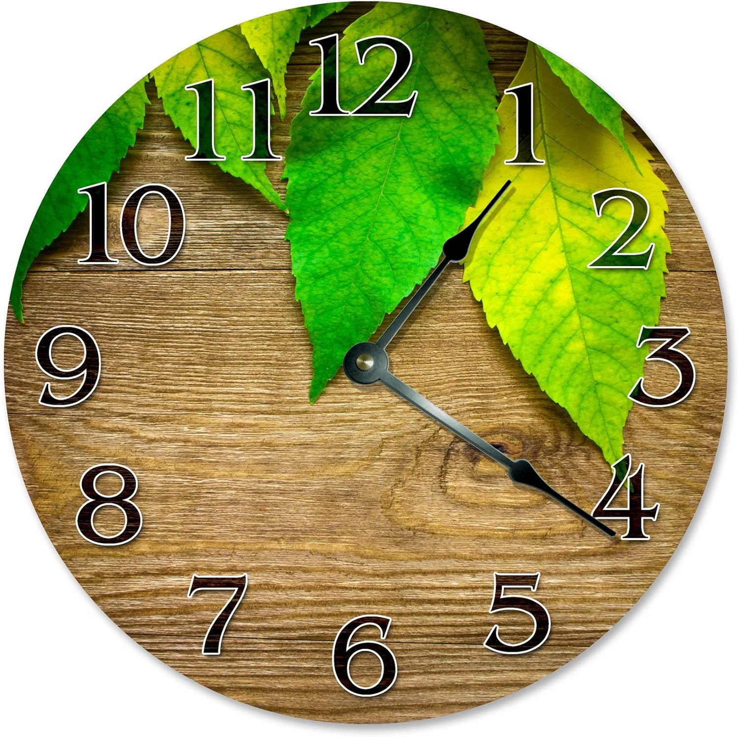 Nature Green Leaves Silent Non Ticking Round Battery Operated Handmade Hanging Large10.5 Inch Wall Clock for Bedroom Office Cottage Decoration