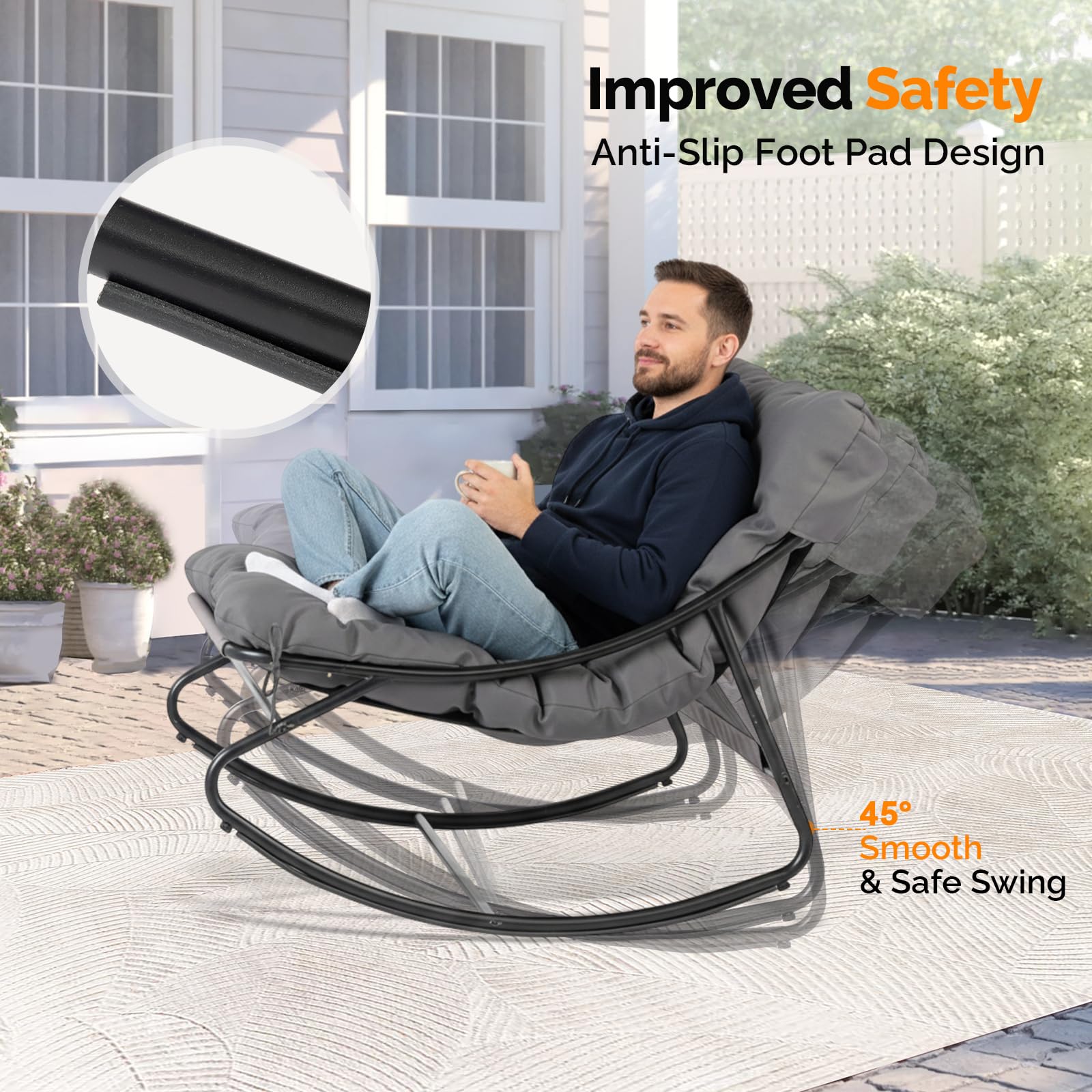 Bonnlo Sillón Mecedora Set de 2 con Mesa Auxiliar, Sillones Mecedora Papasan de Exterior con Cojines Gruesos, para Jardín y Terraza, Gris