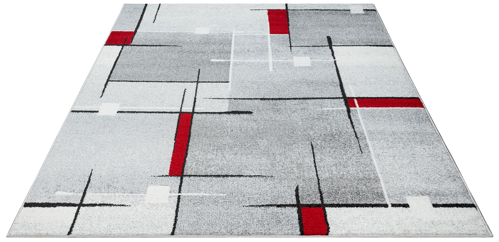 the carpet - Pearl - Tapis à Poils Courts et denses - Moderne - pour Salon et Chambre à Coucher - Découpe des Contours - Motif géométrique - À Carreaux - Gris Rouge - 240 x 330 cm