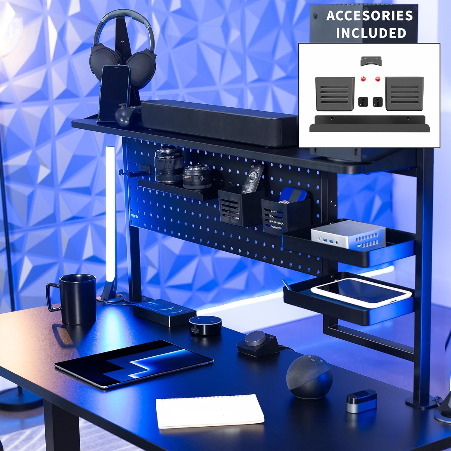 VIVO Steel Clamp-on 46 x 25 inch Desk Pegboard System with Storage Shelf and Accessory Trays, Multi-Purpose Office Organizer, Black, PP-PBSF46