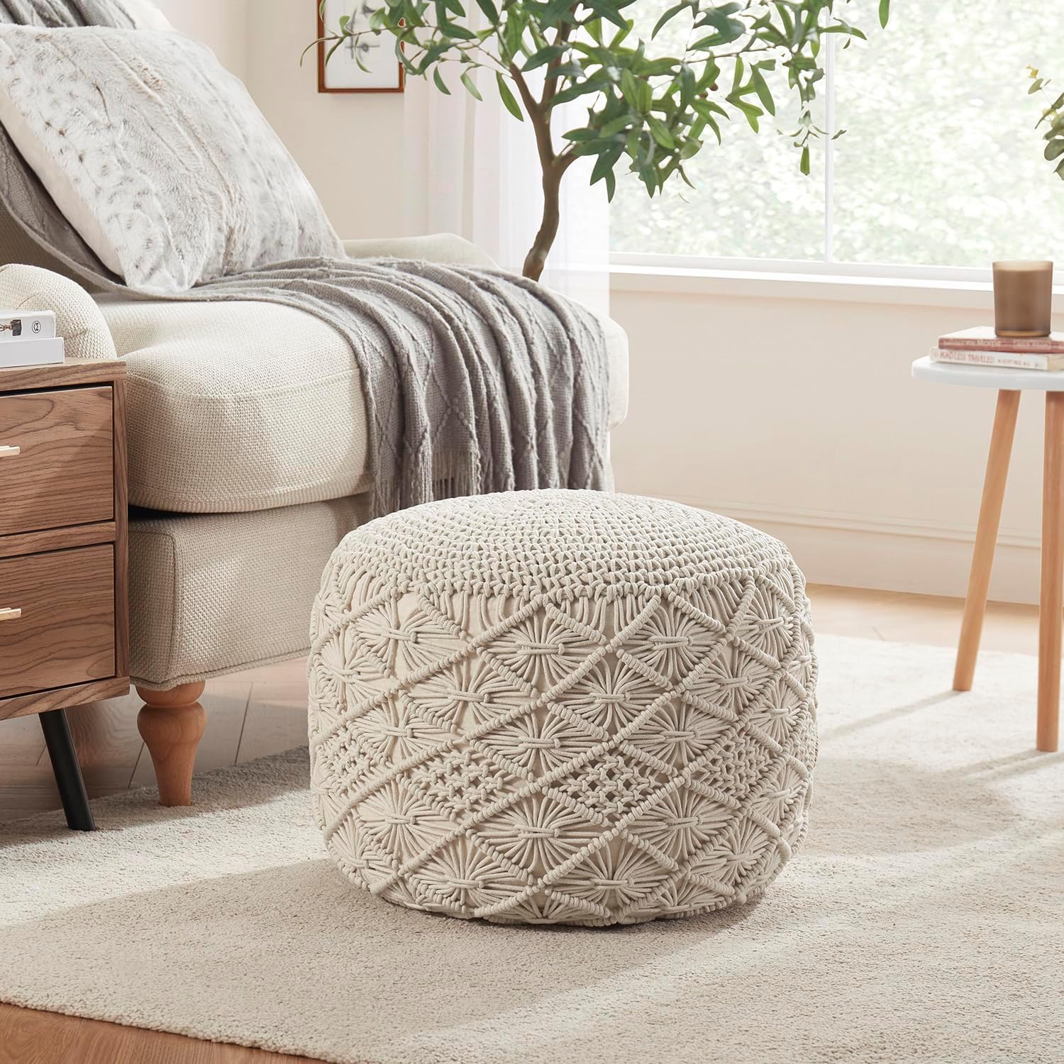 Ornavo Home Pouf Ottoman Foot Rest - 100% Cotton Pouffe - Hand Knitted Macrame Braid - Boho Round Stuffed Ottoman for Living Room, Bedroom - Natural