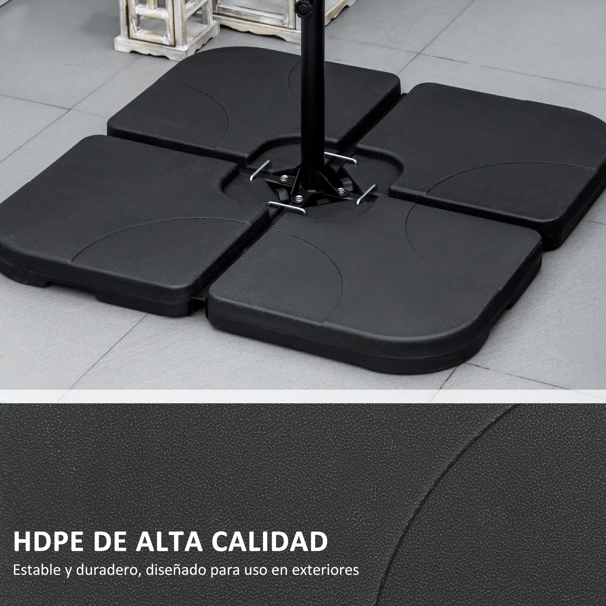 Outsunny Peso para Base de Sombrilla Rellenable para Base Cruzada Negro | 4 Piezas, para Sombrilla Excéntrica Cuadrado, Agua 15 L, Arena 19,5 kg