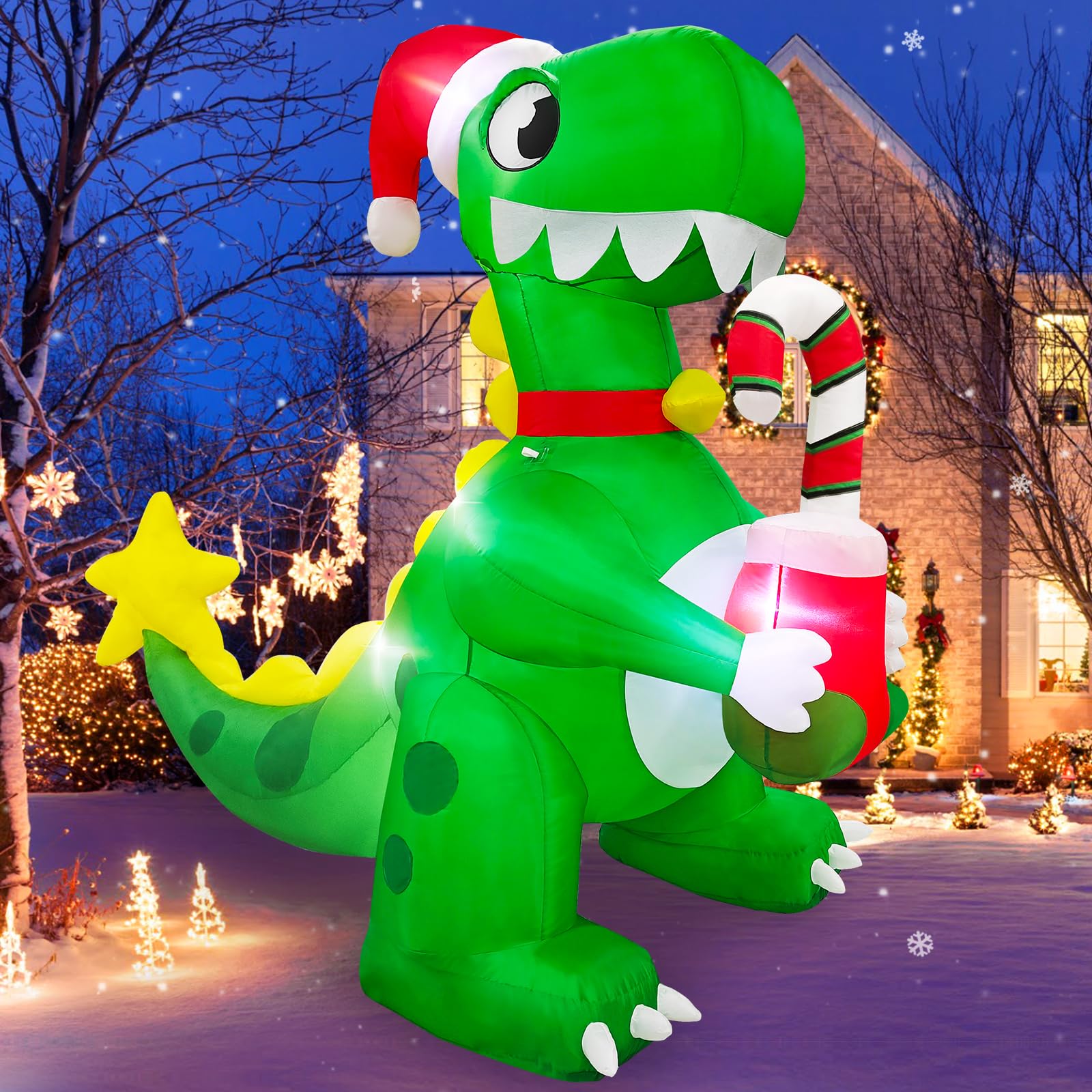 Danxilu 2,13M Gonfiabili di Natale Dinosauro con Bastoncino di Zucchero Calza di Natale Decorazioni per Esterni LED Incorporati e Picchetti di Corda Dinosauro Decorazioni Gonfiabili di Natale