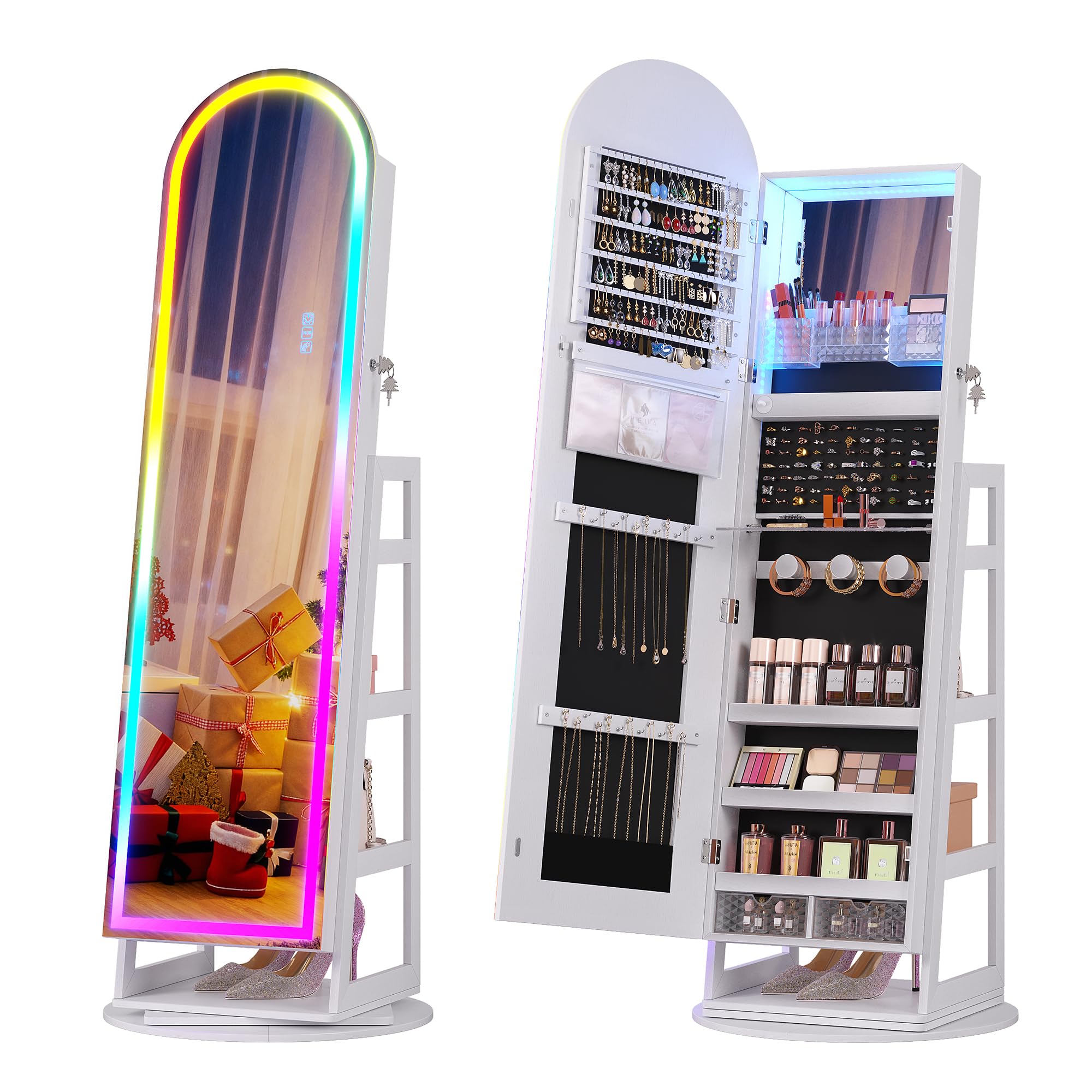 HWB Mirror Jewelry Cabinet Standing with RGB Lights &amp; Storage Shelves