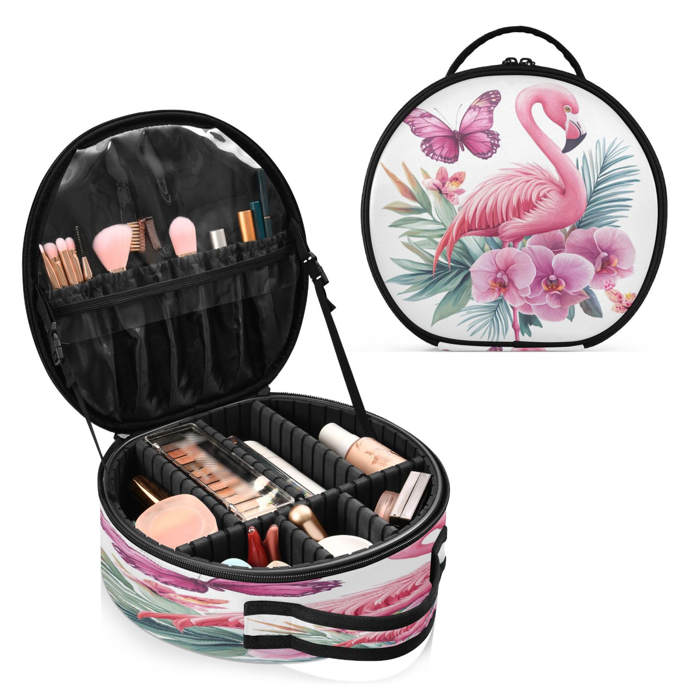 Takiito Flamingo Orchid Flowers Butterfly Travel Makeup Case Portable Makeup Box Artist Cosmetic Case Organizer With Adjustable Dividers