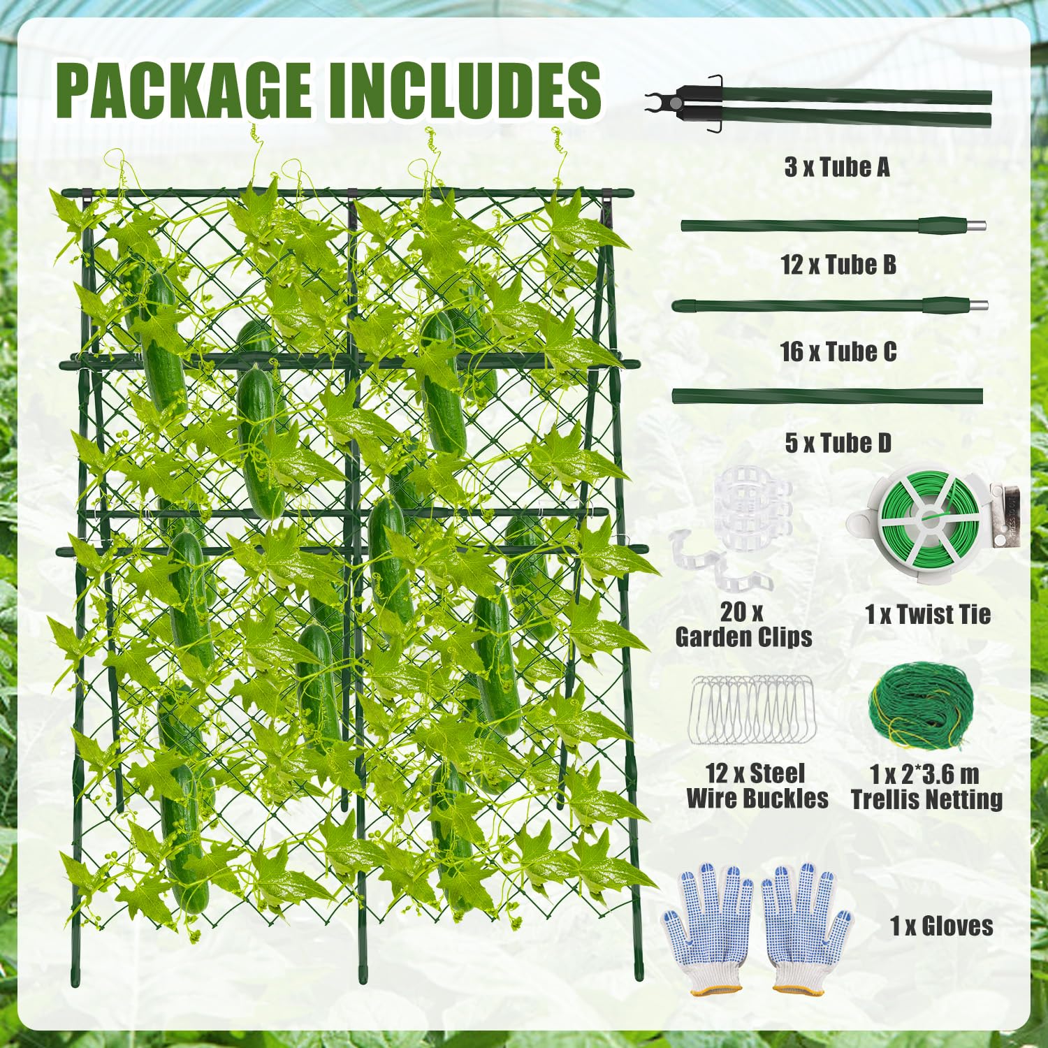 Enrejado de pepino de 63 x 47 pulgadas para cama elevada, enrejado de jardín ajustable para plantas trepadoras al aire libre con red de escalada y clip de soporte para plantas, enrejado de