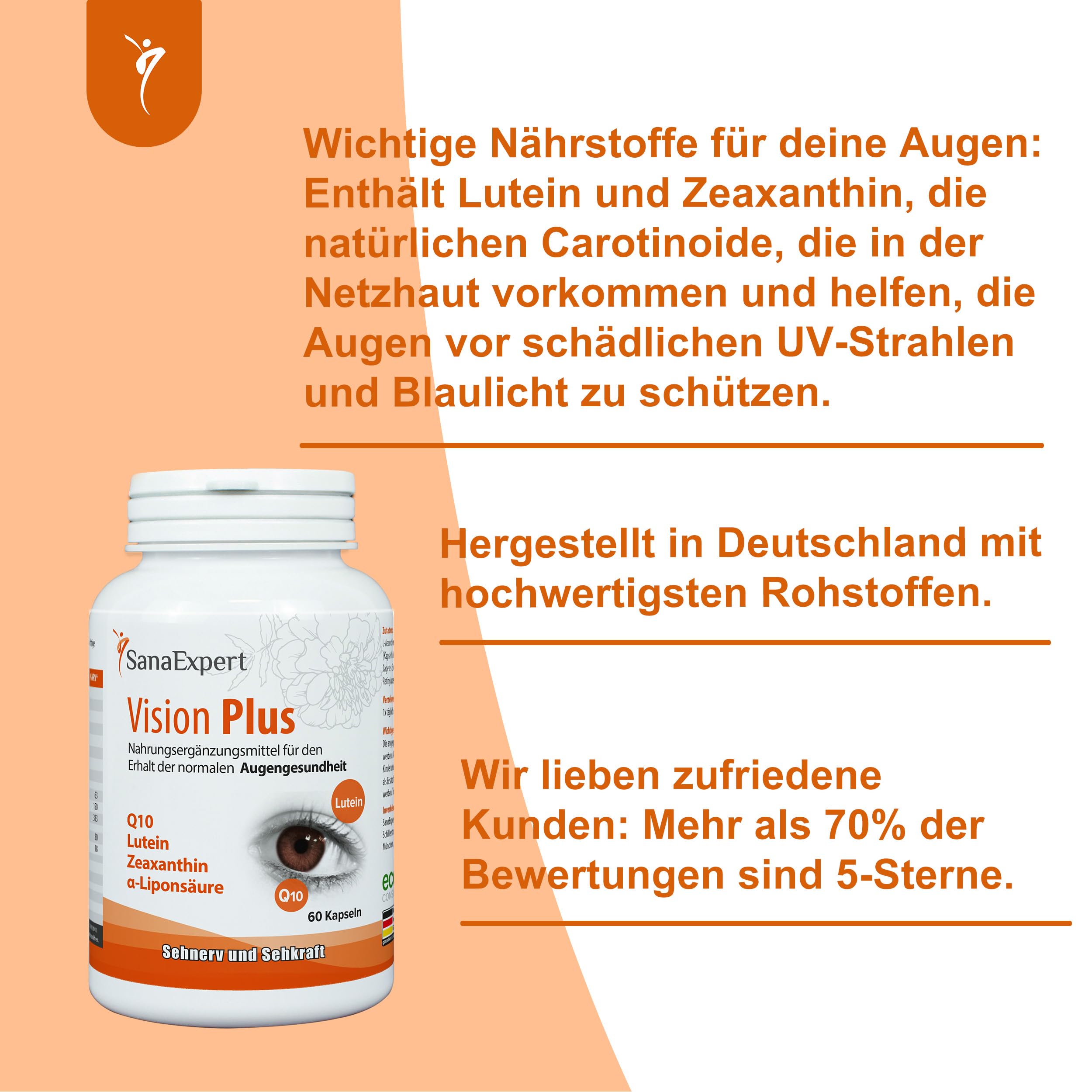 SanaExpert® Vision Plus – Mit Vitamin A für die normale Sehkraft sowie Lutein, Zeaxanthin, Q10, Vitamin C, E, Zink & Selen – 60 Kapseln – Made in Germany