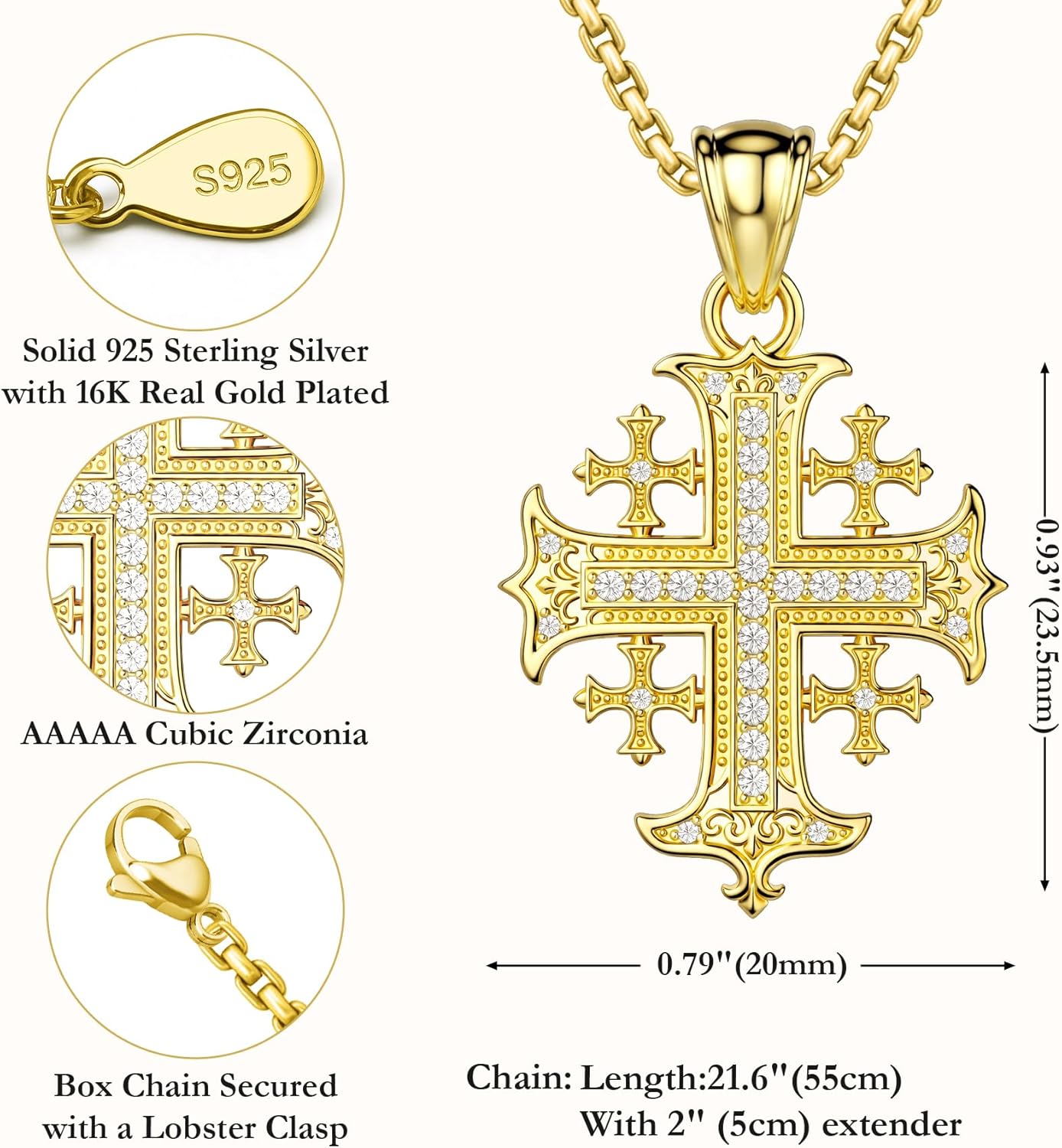 Jerusalem Cross Necklace for Men, Sterling Silver/Gold/Onyx Men's Cross Pendant Necklace, Religious Faith Spiritual Strength Christian Jewelry Gift for Men Husband Father Boyfriend Him - Image 5