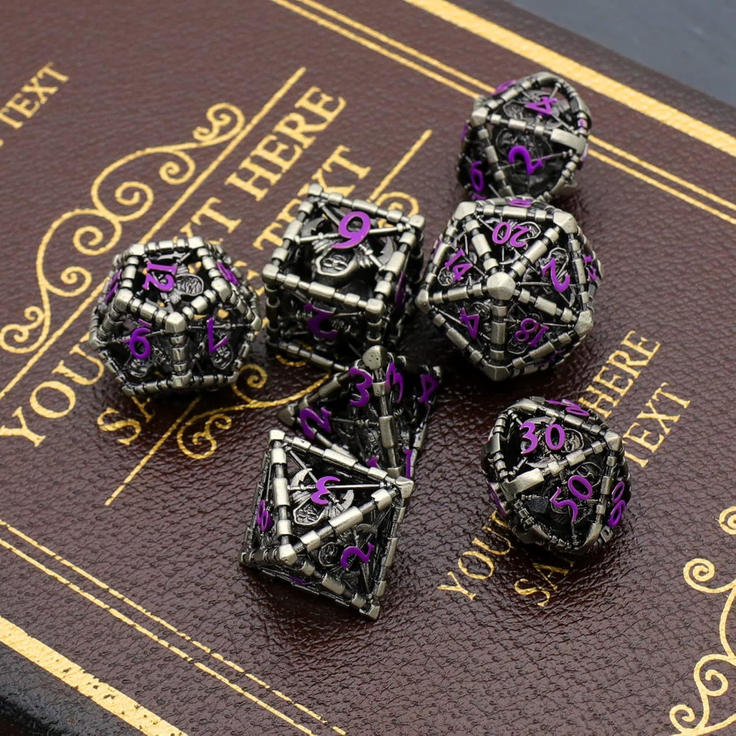 Hollow Grim Reaper Metal DND Dice Set,7-Piece Polyhedral RPG Dice,3D Hollow Skeleton Design (Purple Numbers)