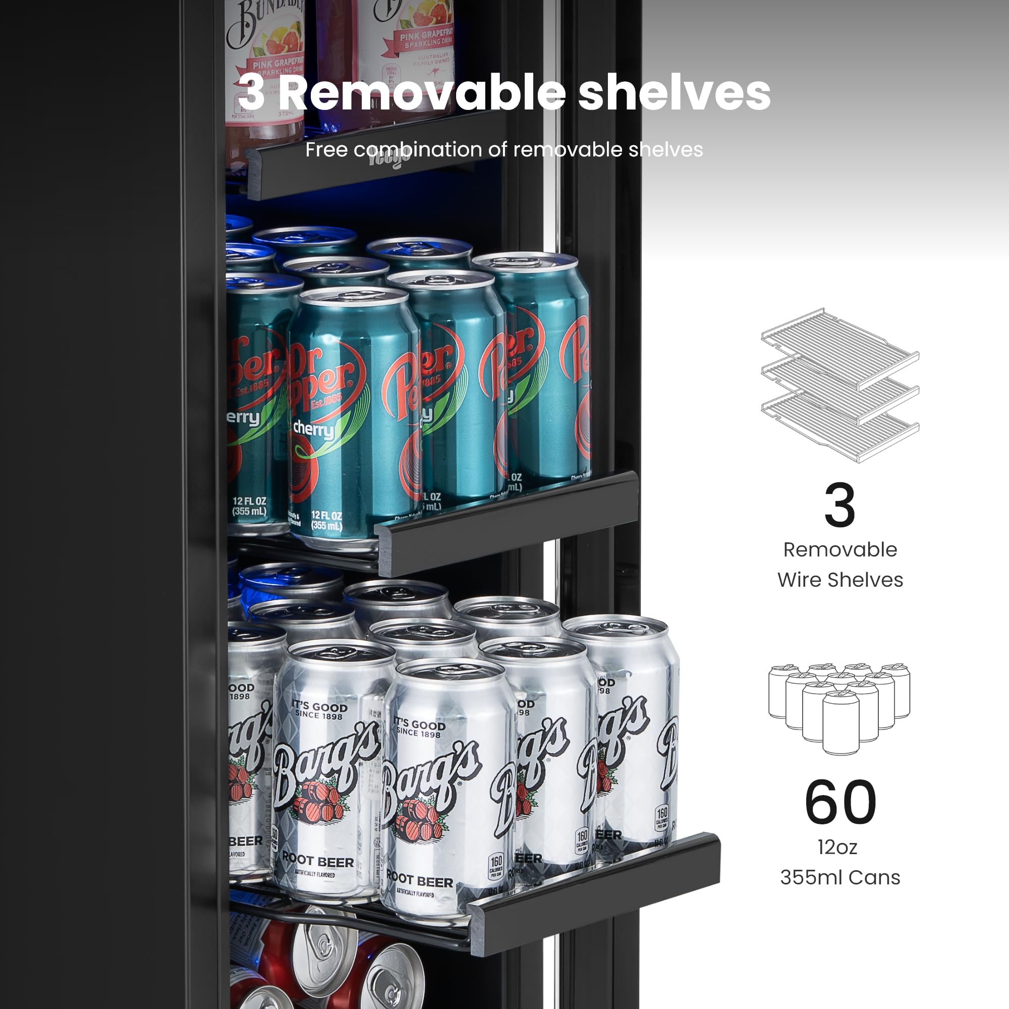 YEEGO 12-Inch Beverage Refrigerator – 60 Can Mini Drink Fridge With Left-Hinged Glass Door, Built-In Or Freestanding Beverage Cooler For Beer, Soda & Wine, Home Bar, Office, Bedroom on Fridge.com - View 2