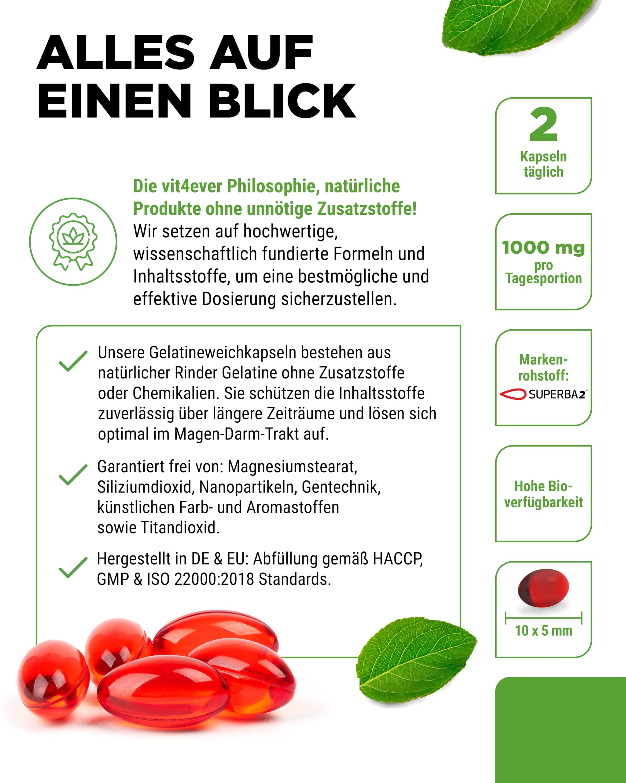 vit4ever Krill Öl - 120 Kapseln - Superba Antarktis Krillöl | 1000 mg Krillöl, EPA & DHA, Astaxanthin, Phospholipide, nachhaltig