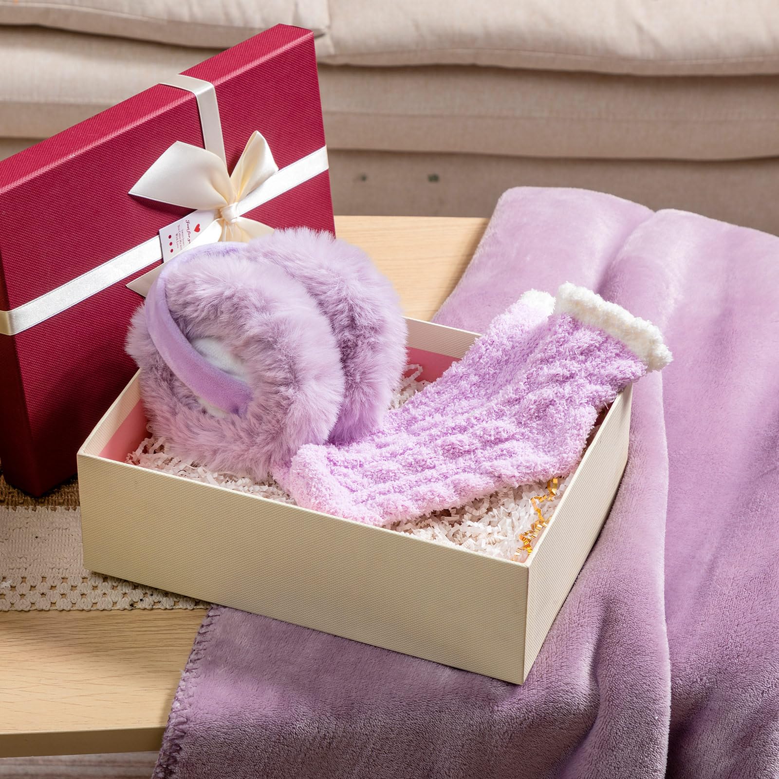Geyoga Lot de 3 ponchos en polaire confortables avec grandes poches avant pliables - Chaussettes douces et pelucheuses - Cadeaux de Noël pour femme et grand-mère, violet, 65*170cm