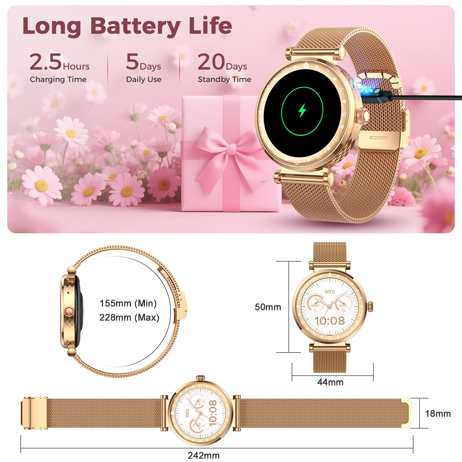 Matast Damen Smartwatch 1,19" HD runder Bildschirm Telefonfunktion Menstruationszyklus SpO2 Puls Schlafmonitor Schrittzähler