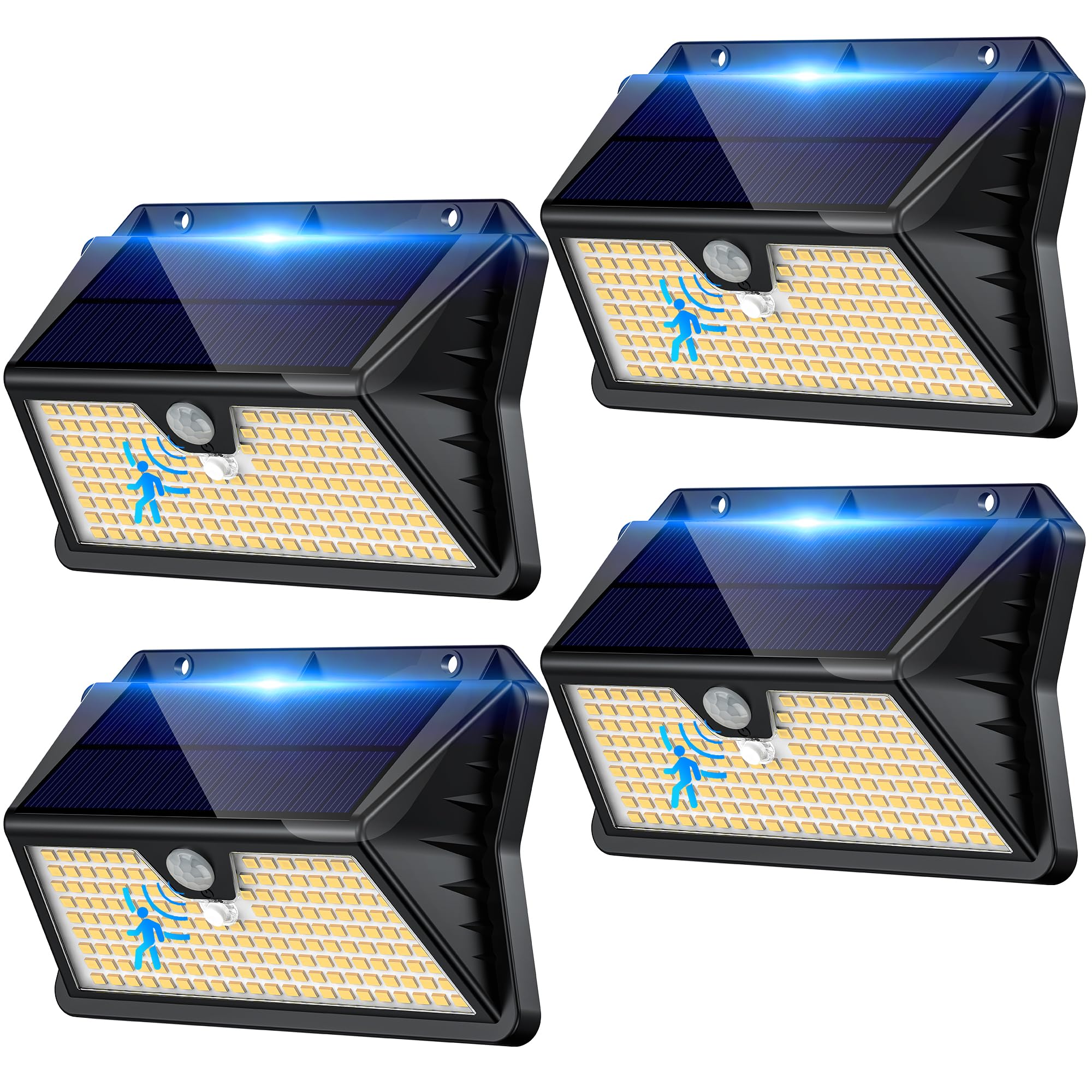 Luce Solare LED da Esterno con Sensore di Movimento, IP65 Impermeabile, 3 Modalità, Faretto LED da Esterno Solare per Parete Giardino Garage (4 Pezzi Bianco Caldo)