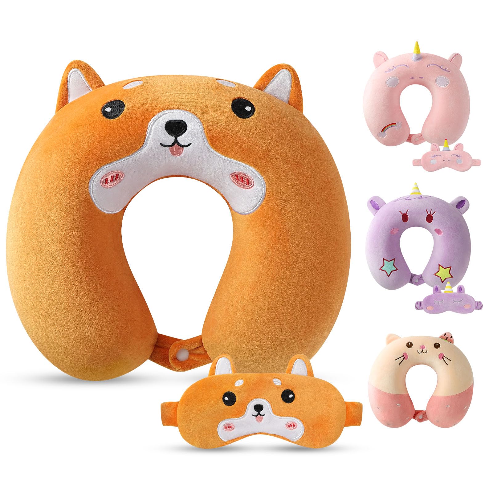 Alaoo Memory Foam Tier Reisekissen,Cartoon Tier Nackenhörnchen mit Schlaf-Augenmaske,Weiches Memory Schaum Nackenkissen für Kinder Erwachsene