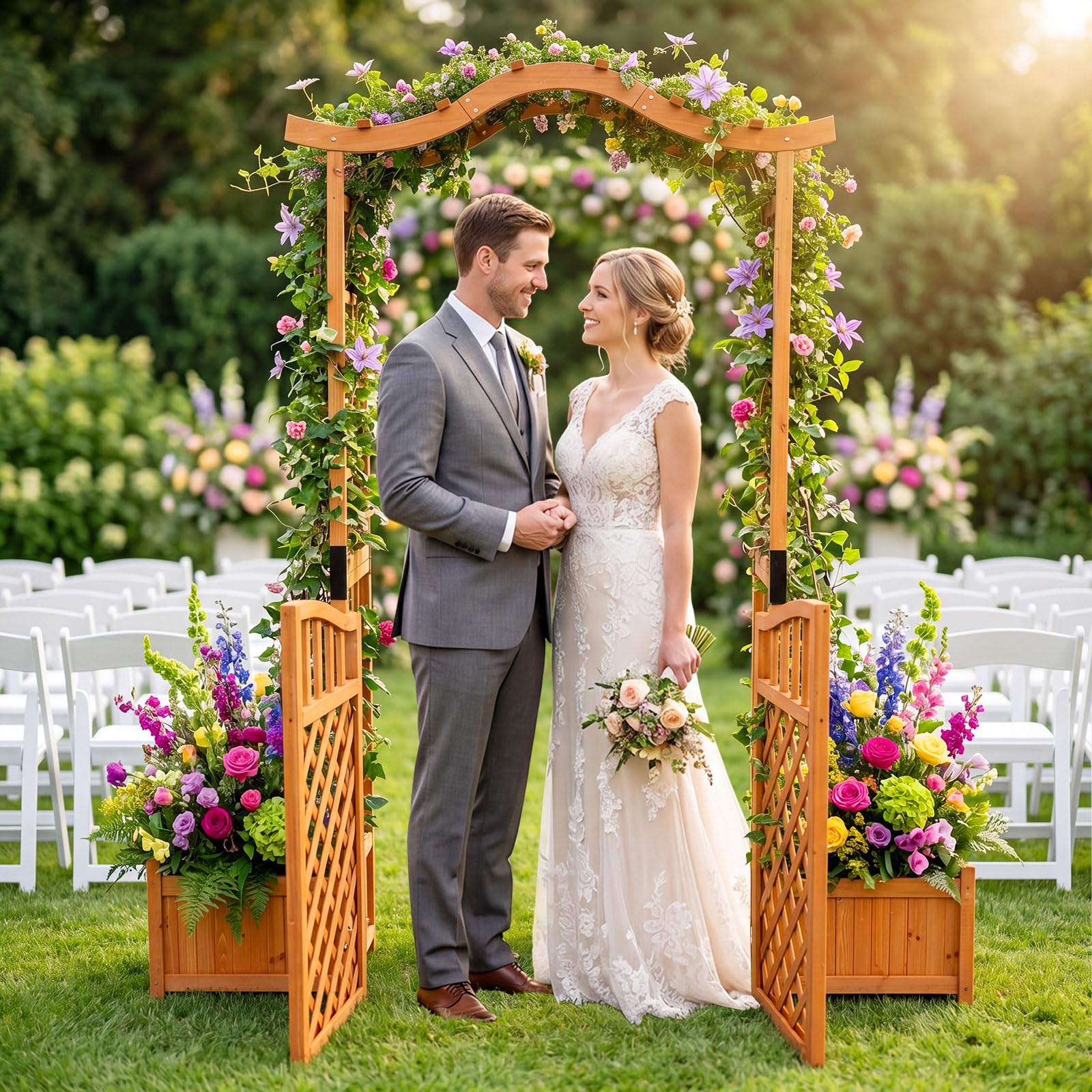 COSTWAY Rosenbogen mit Tür & 2 Blumenkästen, Gartenbogen Holz, Torbogen Garten, Rankbogen mit Pflanzkasten für Kletterpflanzen, Rankhilfe Rankgitter Rundbogen, Tannenholz, 185 x 46 x 210 cm, Natur