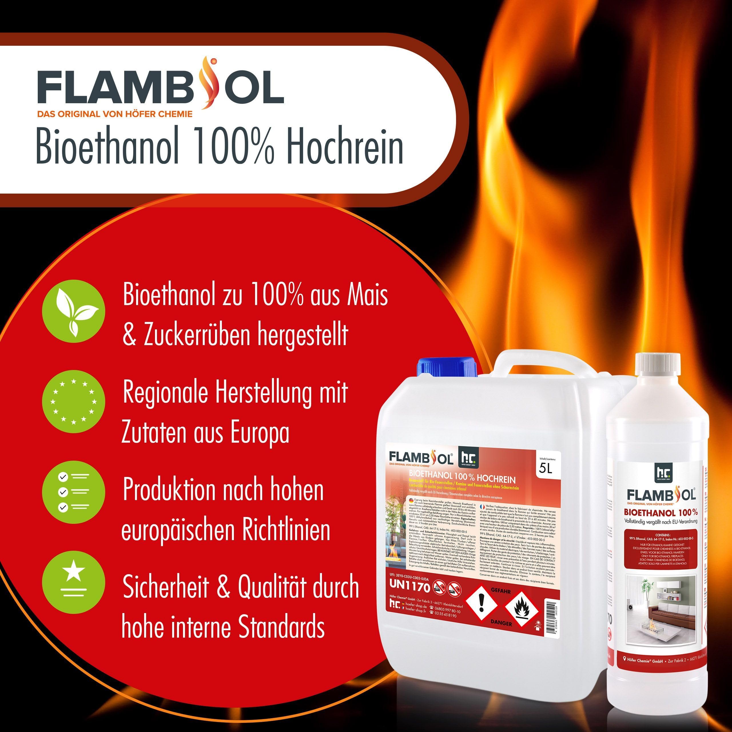 Höfer Chemie 15 x 1 L Bioethanol 100% - Flambiol für Ethanol Kamin, Ethanol Feuerstelle, Ethanol Tischfeuer und Bioethanol Kamin