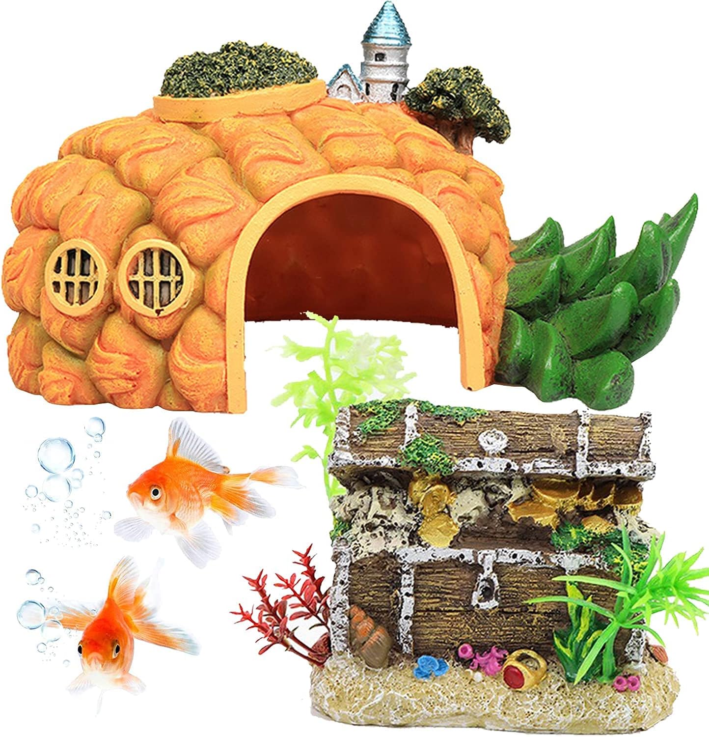 WDEFUN Aquarium Decorations Fish Tank Accessories Resin Pineapple and Treasure Chest Cave Ornaments Betta Fish Hideout for Sleep Rest Play……