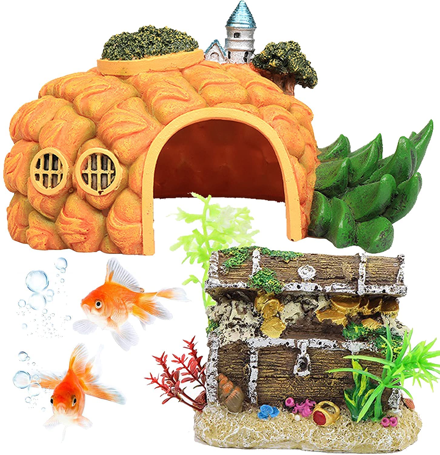 WDEFUN 2 Pack Aquarium Decoration, Upgrade Pineapple Castle Betta Fish Cave Hideouts and Treasure Chest Containing Artificial Plastic Plants Ornament…