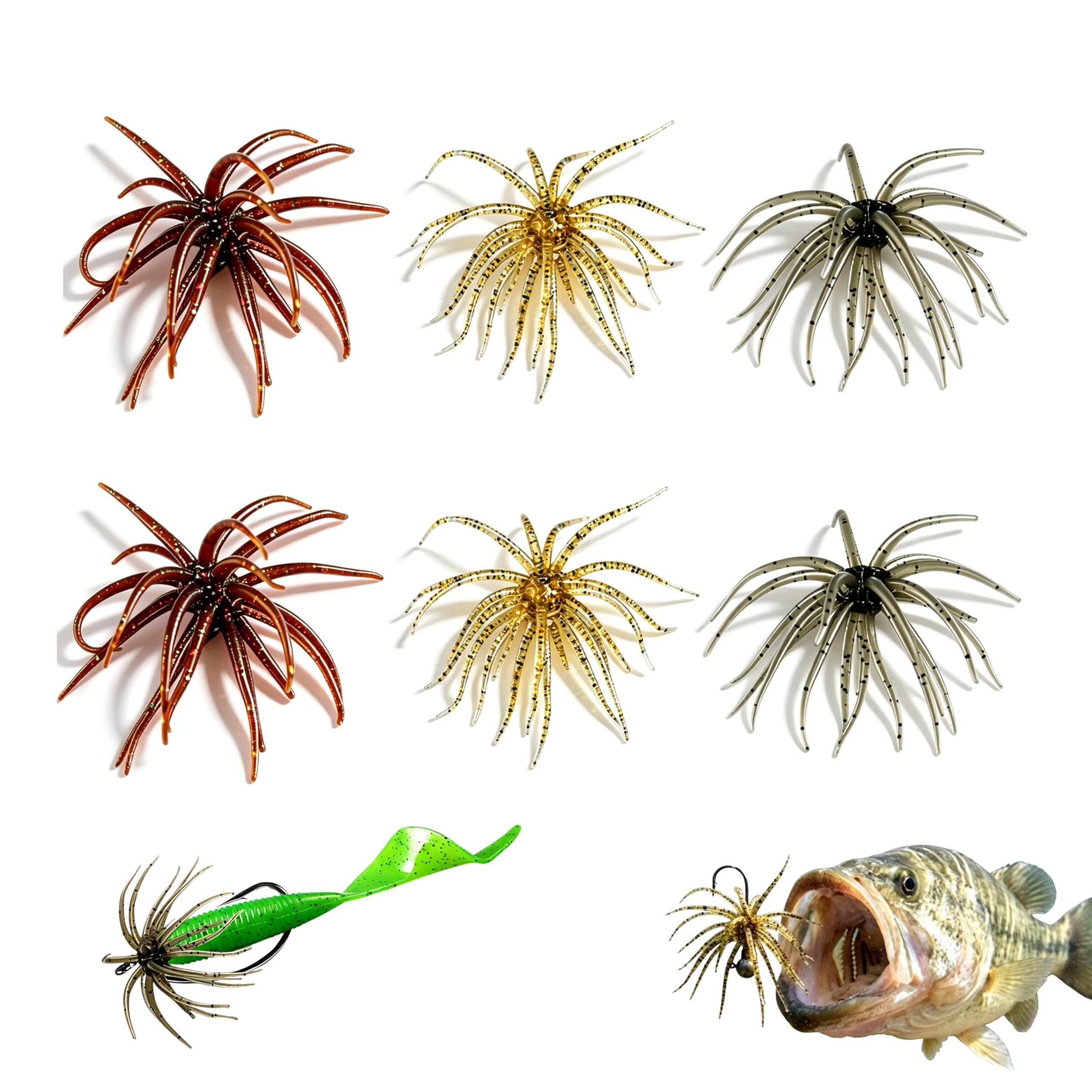 6pcs Soft Octopus Baits, Finesse Worm for Bass Trout Fishing, Bionic Tentacle Creature Lure with Reflective Flakes for Freshwater Saltwater, Weightless Rig/Jig Head Rig/Drop Shot Rig