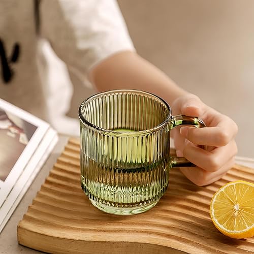 Miniatura 3 de Lysenn Taza de café de vidrio con tapa, taza de té de vidrio clásica con rayas verticales de alta calidad, para leche, té, chocolate, jugo, agua,