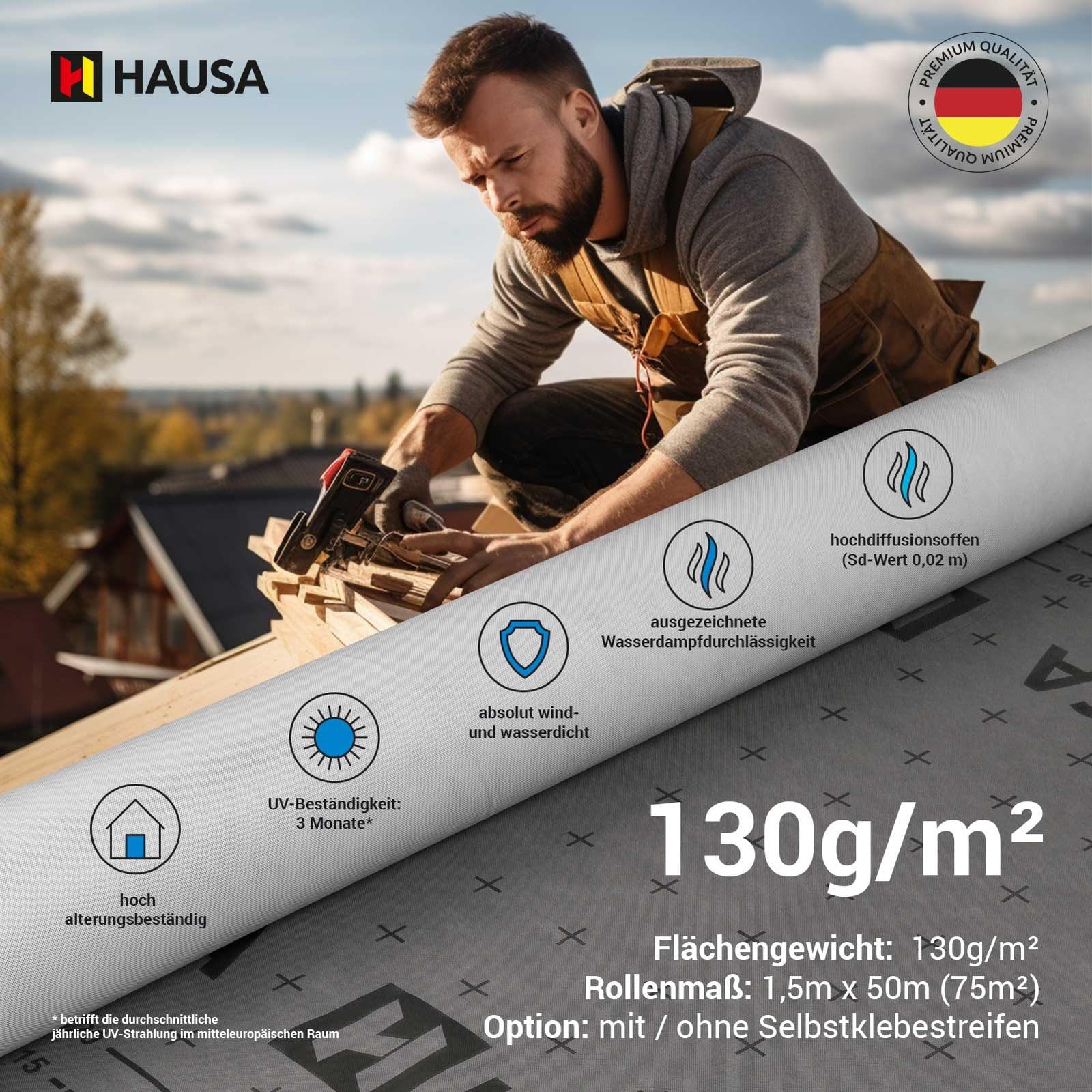 HAUSA Ultra HU130 Bande de sous-toiture flexible triple couche ouverte à la diffusion 130g/m² 7x 1,5mx50m (525m2) indéchirable et résistant aux intempéries sans bandes auto-adhésives gris