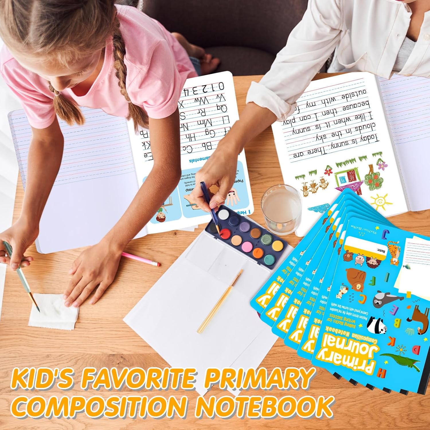 Watersay 48 Pcs Primary Composition Notebook K-2 with Picture Space Primary Journal Grades K-2 Animal Print 50 Sheet (100 Pages) Drawing and Writing Notebook for Preschool, 1st 2nd Grade (Blue Color)