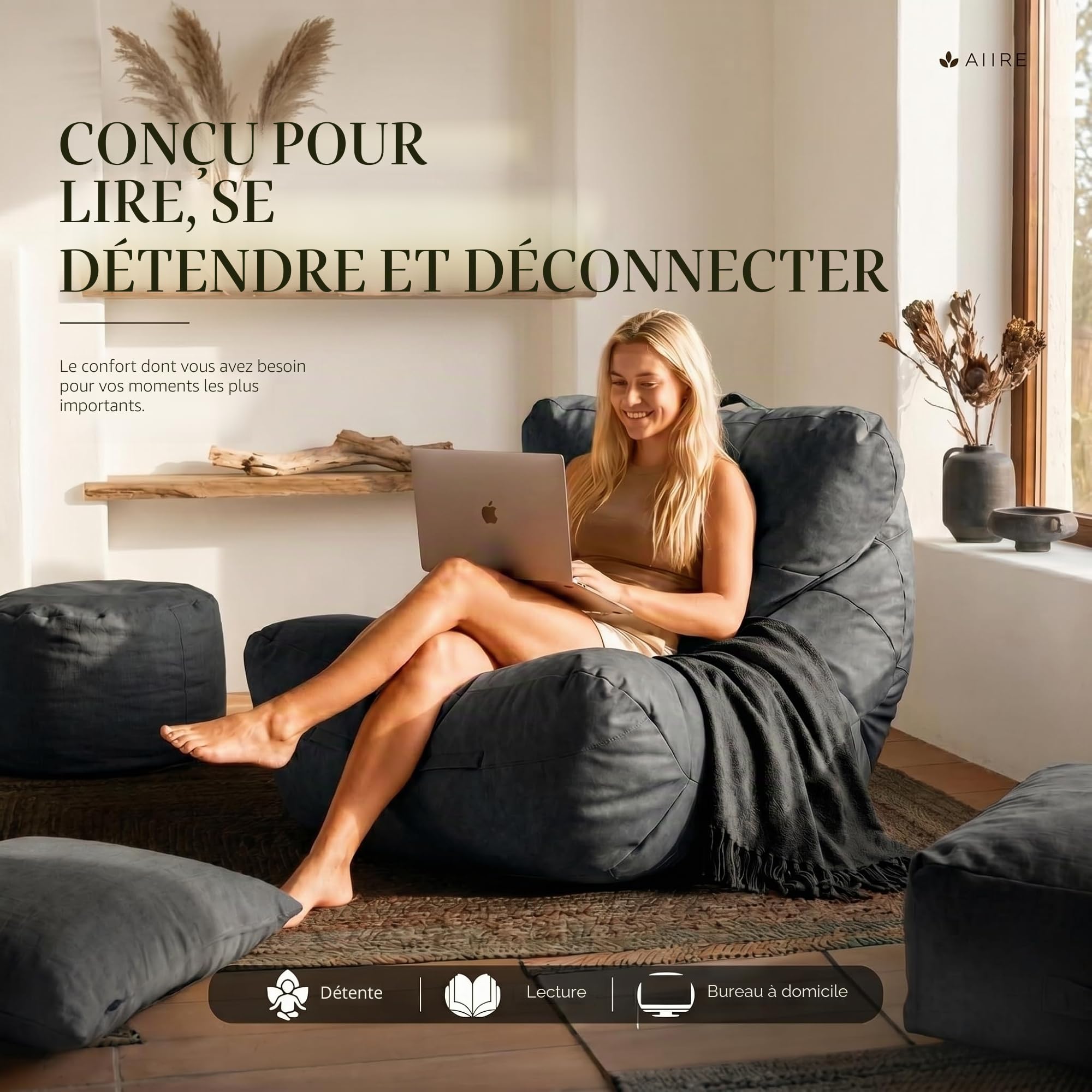 Aiire Fauteuil Pouf Salon Moderne - Pouffe Géant Interieur Adulte ou Ado avec Remplissage pour Décoration de la Chambre – Gros Bean Bag XXL ou Coussin de Sol Gris Foncé