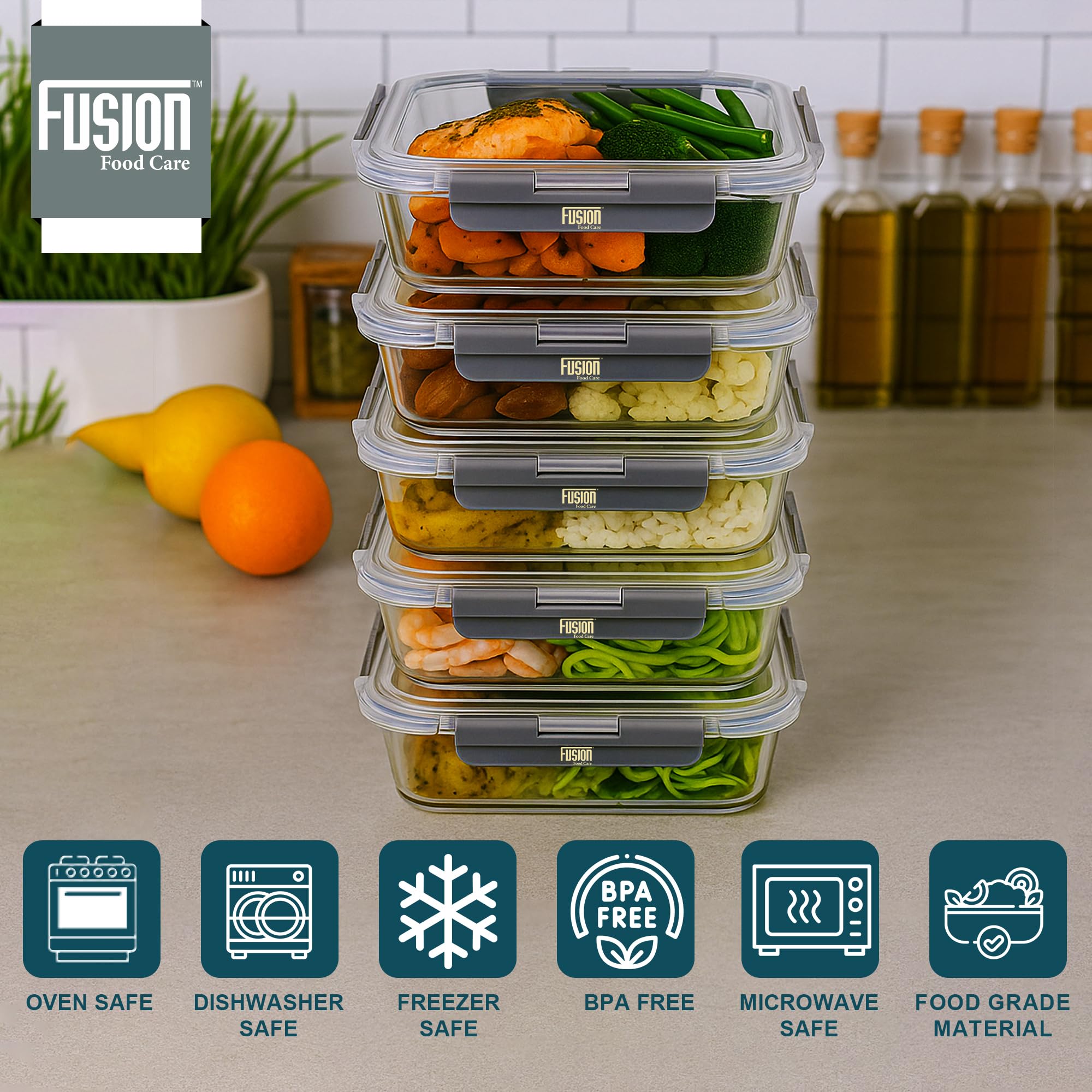 Fusion - Contenitori per alimenti con coperchi ermetici, confezione da 5, 1040 ml, in vetro, adatti per forno, microonde, congelatore e lavastoviglie, senza BPA, resistenti alle perdite
