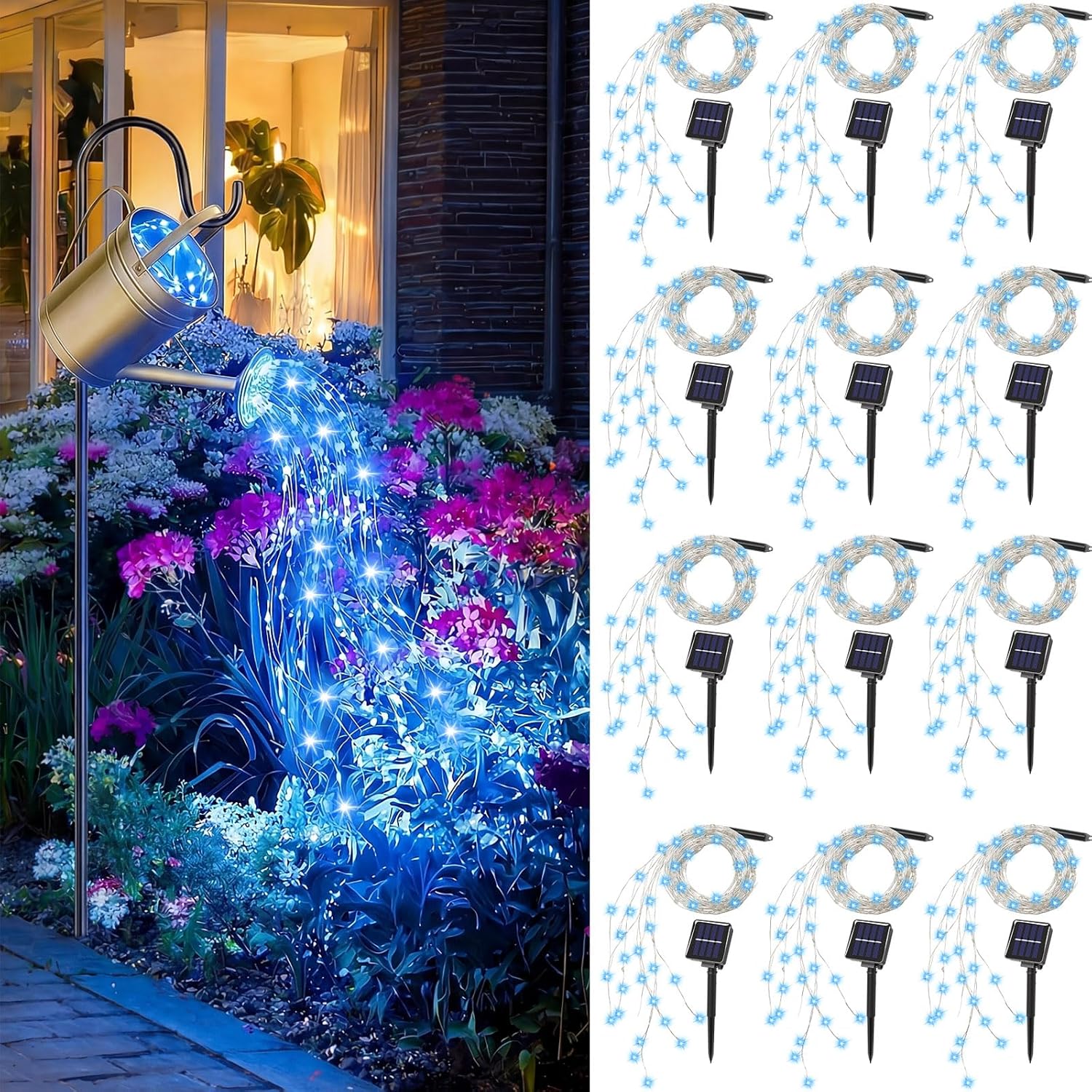 12 Pack Solar Waterfall Fairy Bunch Lights Outdoor Waterproof 9 Strand 180LEDs 8 Modes Watering Can Light (No Can) Firefly Bunch Lights for Patio Yard Garden Decorations(Blue)