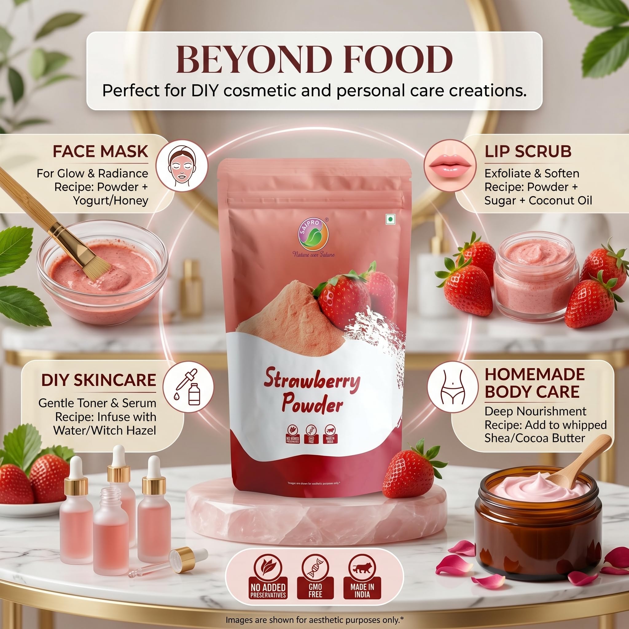Saipro Strawberry Fruit Powder, 200 gm, Strawberry powder for Cake| Milkshakes|Natural flavour| for food| juice| Lemonade| Ingredient in beverages like lemonade, cooking, baking, cosmetics, all natural. No Artificial colour, No preservatives 4