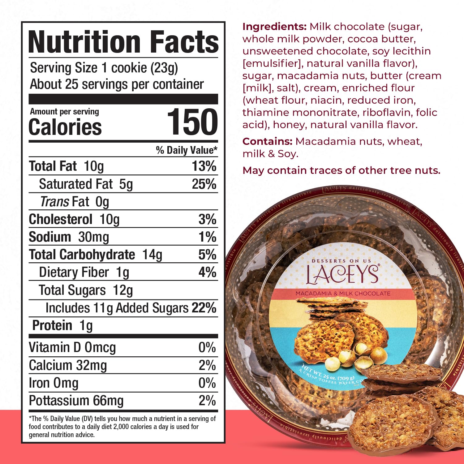 Laceys Gourmet Cookies | Light and Crispy Delicious Cookies | Handcrafted by Desserts On Us (25 Ounce, Macadamia & Milk Chocolate)