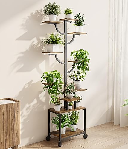 Miniatura 2 de Soporte para plantas de 9 niveles con ruedas, estante alto de metal y madera para plantas de interior con diseño de árbol, estante rodante para