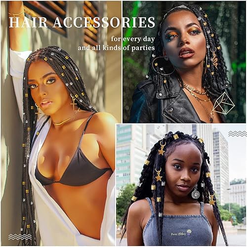 Miniatura 2 de Vaikby 201 cuentas de joyería para el cabello para trenzas accesorios de rastas doradas y plateadas anillos de metal para el cabello colgantes de