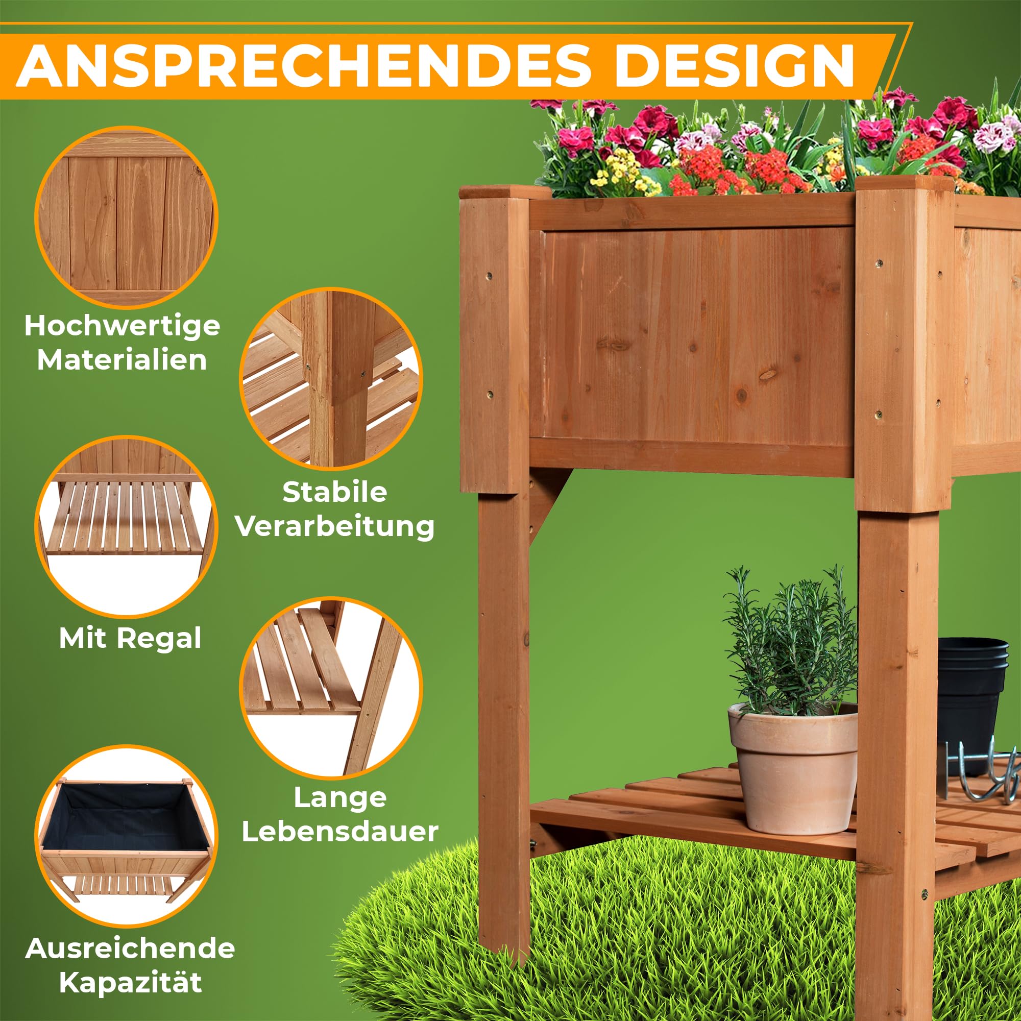 Coemo Hochbeet Holz 90 × 60 × 90 cm mit Ablageboden – Pflanztrog & Frühbeet für Balkon, Terrasse & Garten – Kräuterhochbeet mit Pflanzvlies – auch als Sichtschutz nutzbar