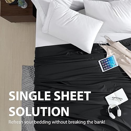 Miniatura 2 de Cathay - Sábanas planas de seda individuales de suave poliéster de lujo, Negro, Completo