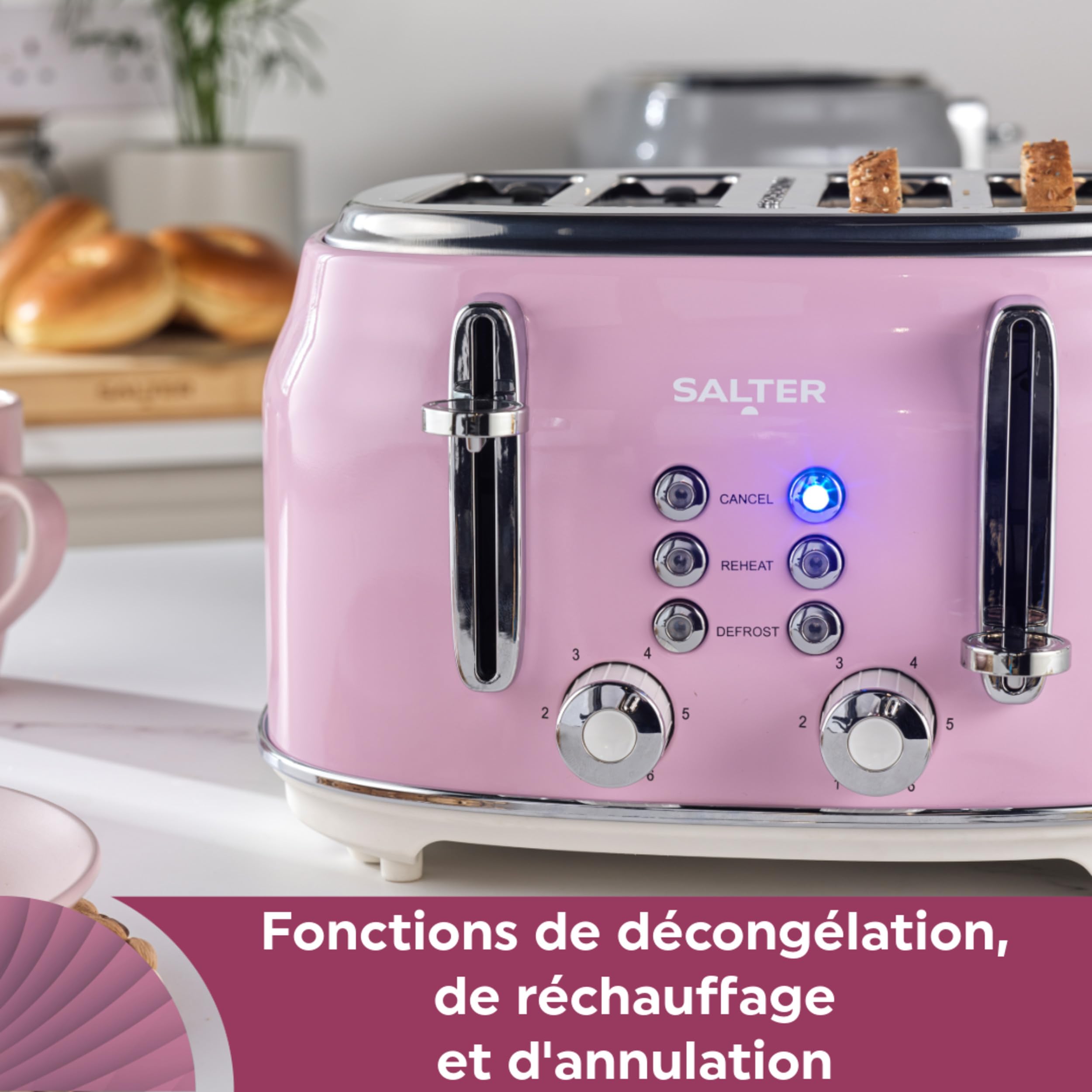 Salter Grille-Pain Rétro 4 Tranches – Fentes Larges, 6 Niveaux de Brunissage, Fonctions Décongélation, Réchauffage, Annulation, Ramasse-Miettes Amovible, Auto-centrage, 1630W, Rose, EK5739PNKVDE
