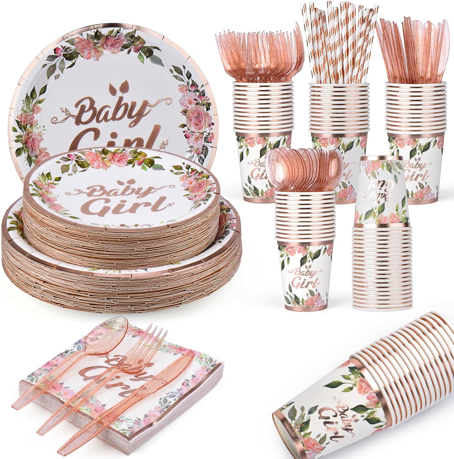 320 Pcs Rose Gold Baby Shower Decorations Set for 40 Guests, Baby Girl Shower Party Supplies Tableware Includes Plates and Cups and Napkins Straws Sets (40)