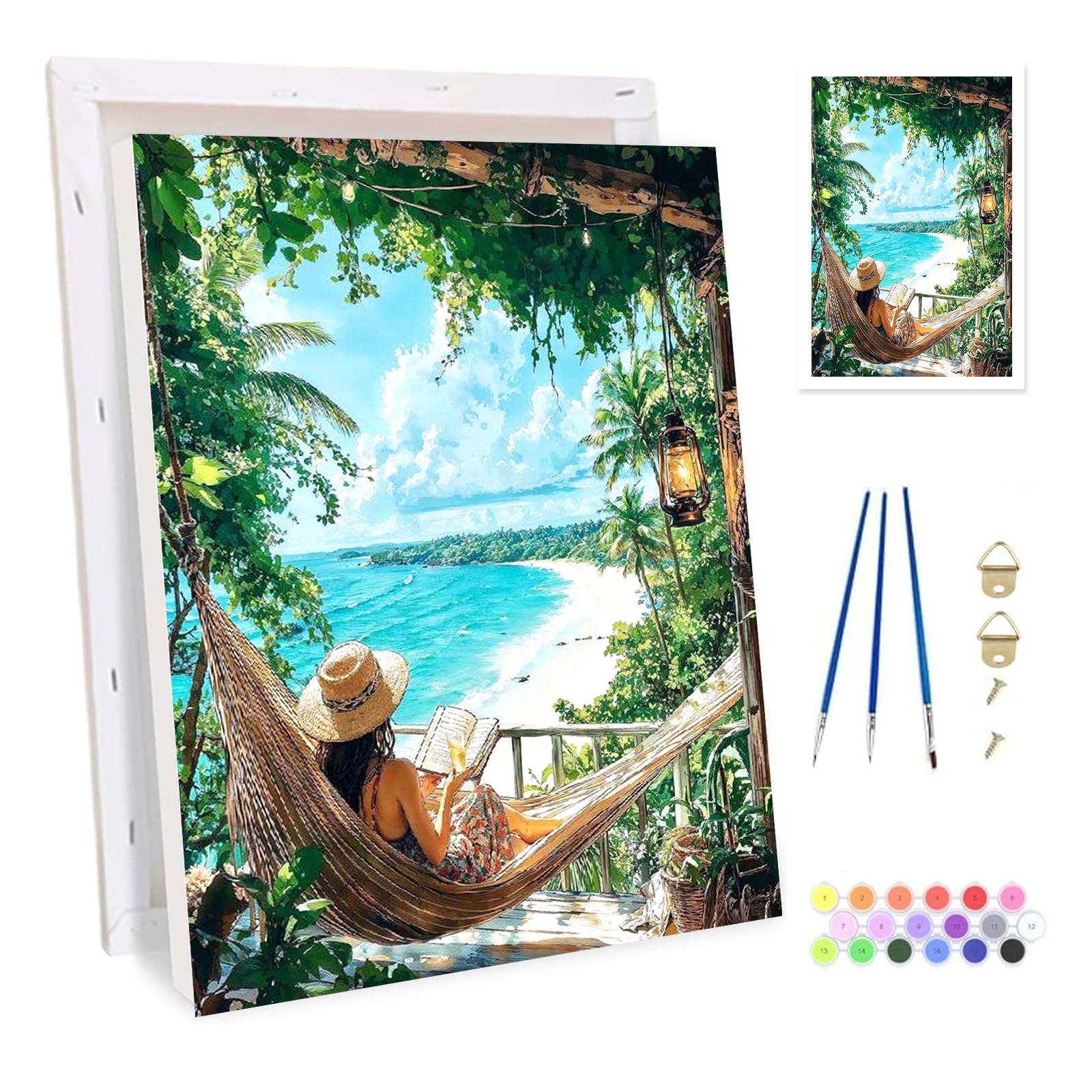 Bowetile Framed Elegant Woman Paint by Numbers for Adults, Beach Painting by Numbers Kit for Adults Beginners Canvas Kit,DIY Color Oil Painting Acrylic Paints for Home Wall Decor 20x30cm
