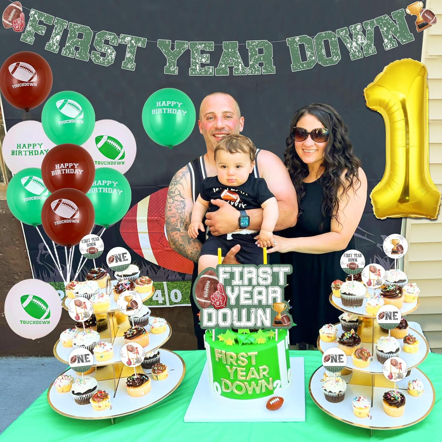 Football 1st Birthday Decorations for Boys - First Year Down Football Banner Cake Topper & Cupcake Toppers, Number 1 Balloon, Football Printed Balloons, Sports Theme Birthday Party Supplies