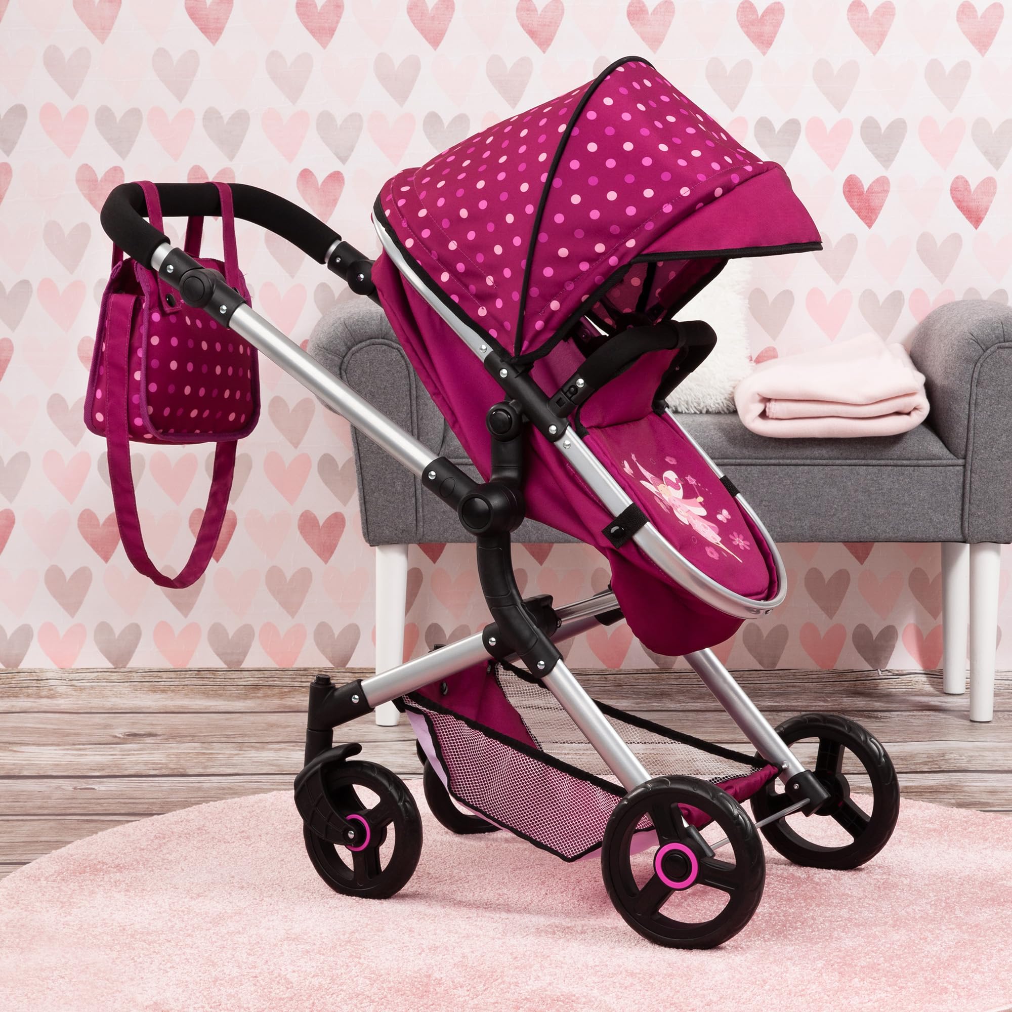 Bayer Design Neo Vario doll's pram with bag, convertible, adjustable, Bordeaux With Fairy, 79 x 42 x 86 cm - Image 4