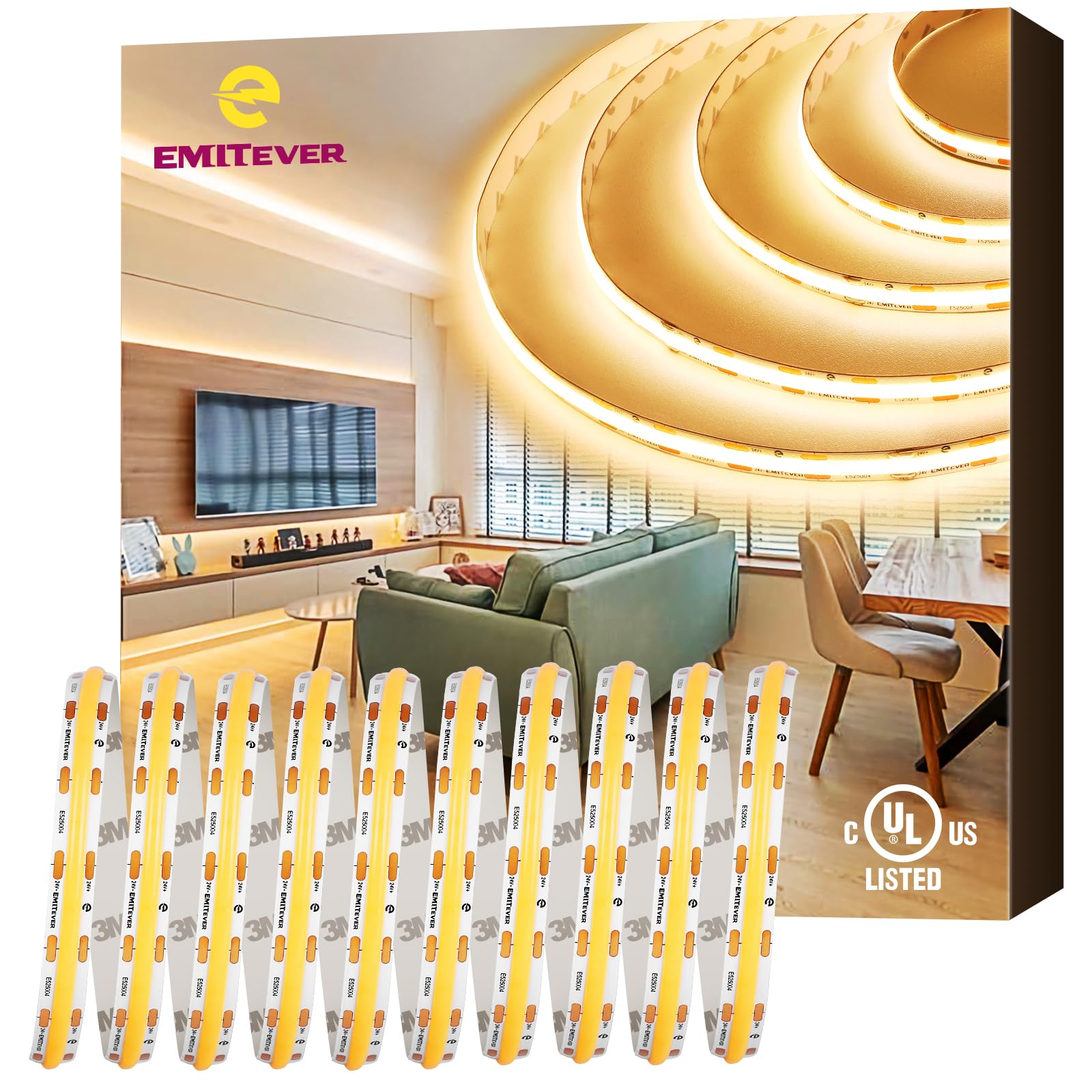 EMITEVER COB LED Strip Lights Warm White 32.8ft, 3000K 24V Dimmable Tape Light Premium High Density, 305LM+/ft, 4800LEDs, Ra 90+, 3W/FT, UL Listed for Cabinets, Shelves(Power Supply Sold Separately)