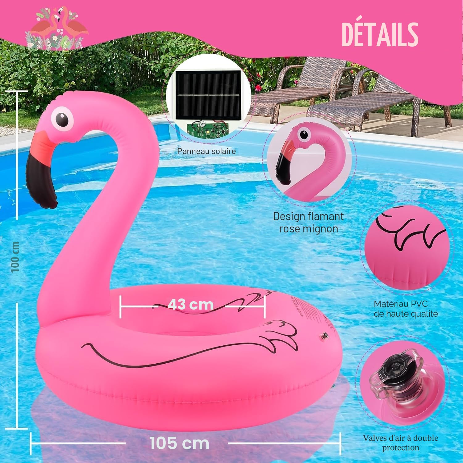 DeeprBling bouée Flamant Gonflable avec Lumières Solaires, Flamant Rose Gonflable, Grand Flamant Bouée Piscine Adulte, Anneau Flotteur Gonflable pour Piscine (105x105x100cm)