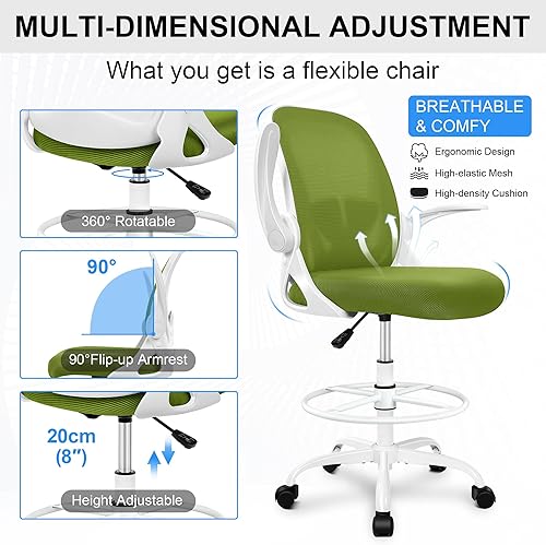 Miniatura 5 de Primy Silla de dibujo alta de oficina con reposabrazos abatibles, silla de escritorio ergonómica ejecutiva para computadora con soporte lumbar