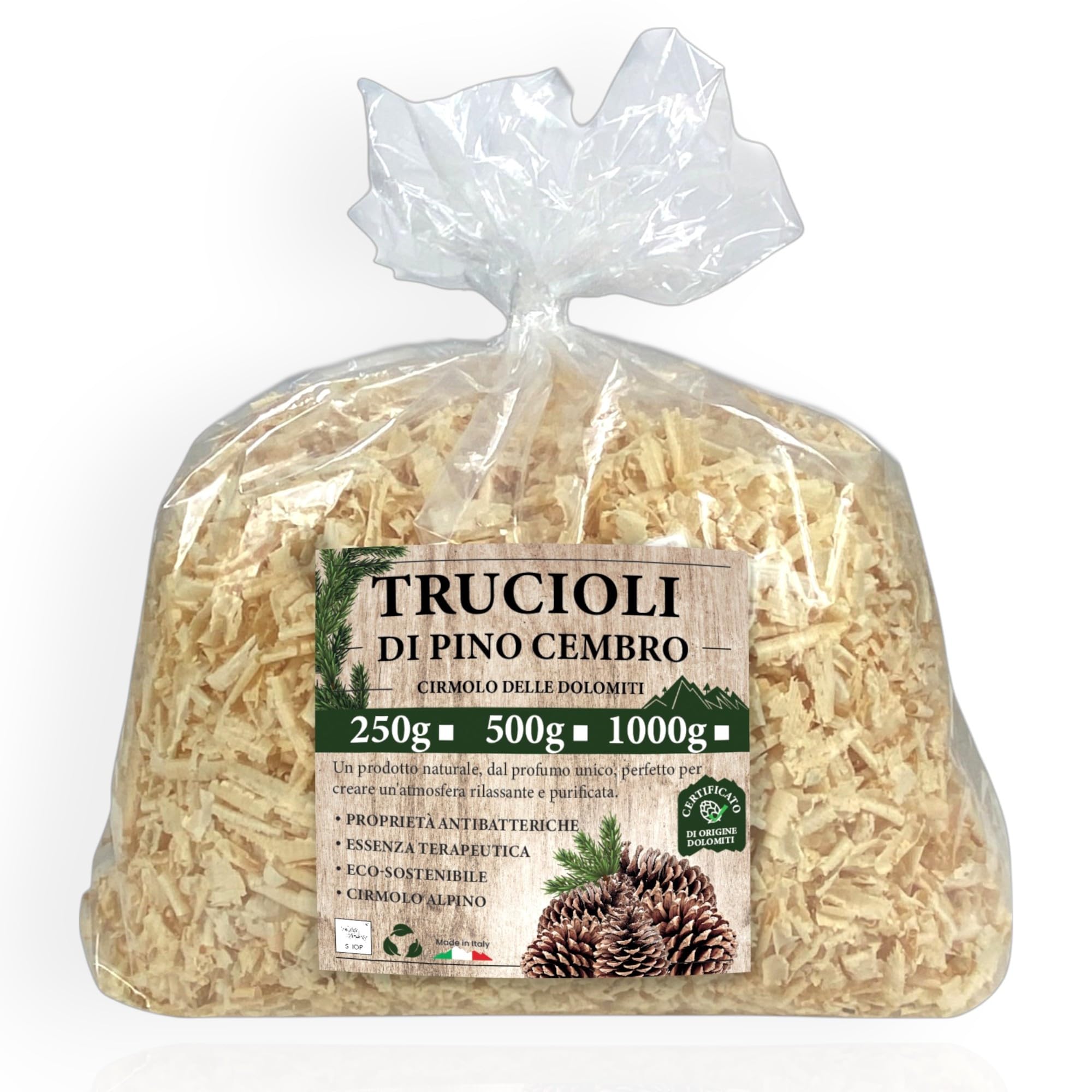 Tex family | Trucioli di Pino Cembro | 100% Naturali e Certificati | Profumati e Purificanti per Relax | Ideali per Cuscini e Sacchetti | Aroma Balsamico Dolomiti, 500 Grammi
