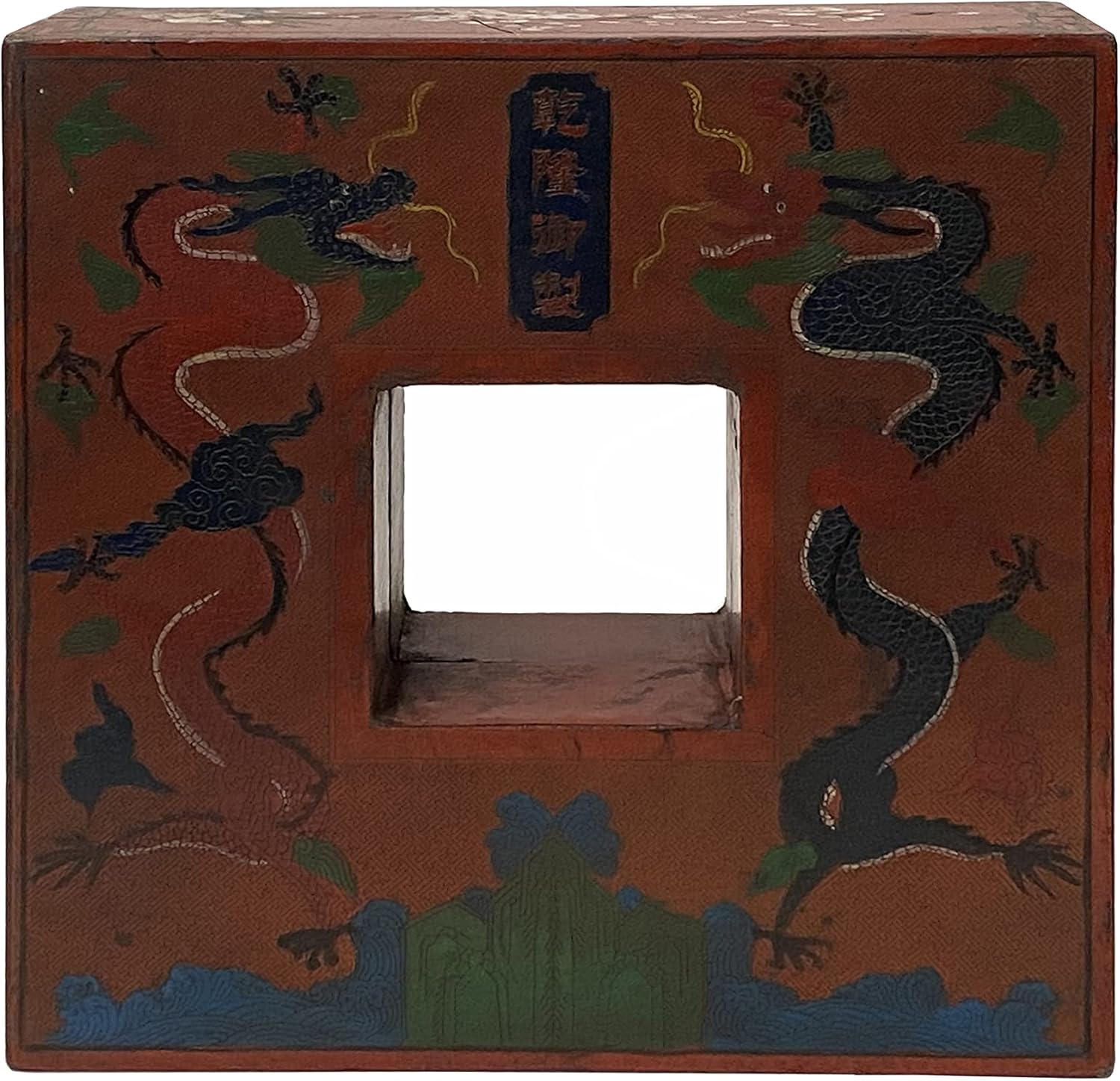Chinese Distressed Brick Red Dragon Graphic Square Shape Box Aws2292