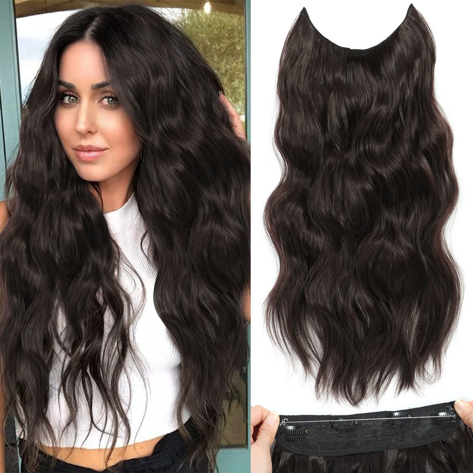 BUPPLER Halo Hair Extensions 20 Inch Invisible Wire Hair Extensions Adjustable Long Wavy Hairpiece Synthetic Upgrade 4 Secure Clips in Hairpieces 20 Inch,Black Brown