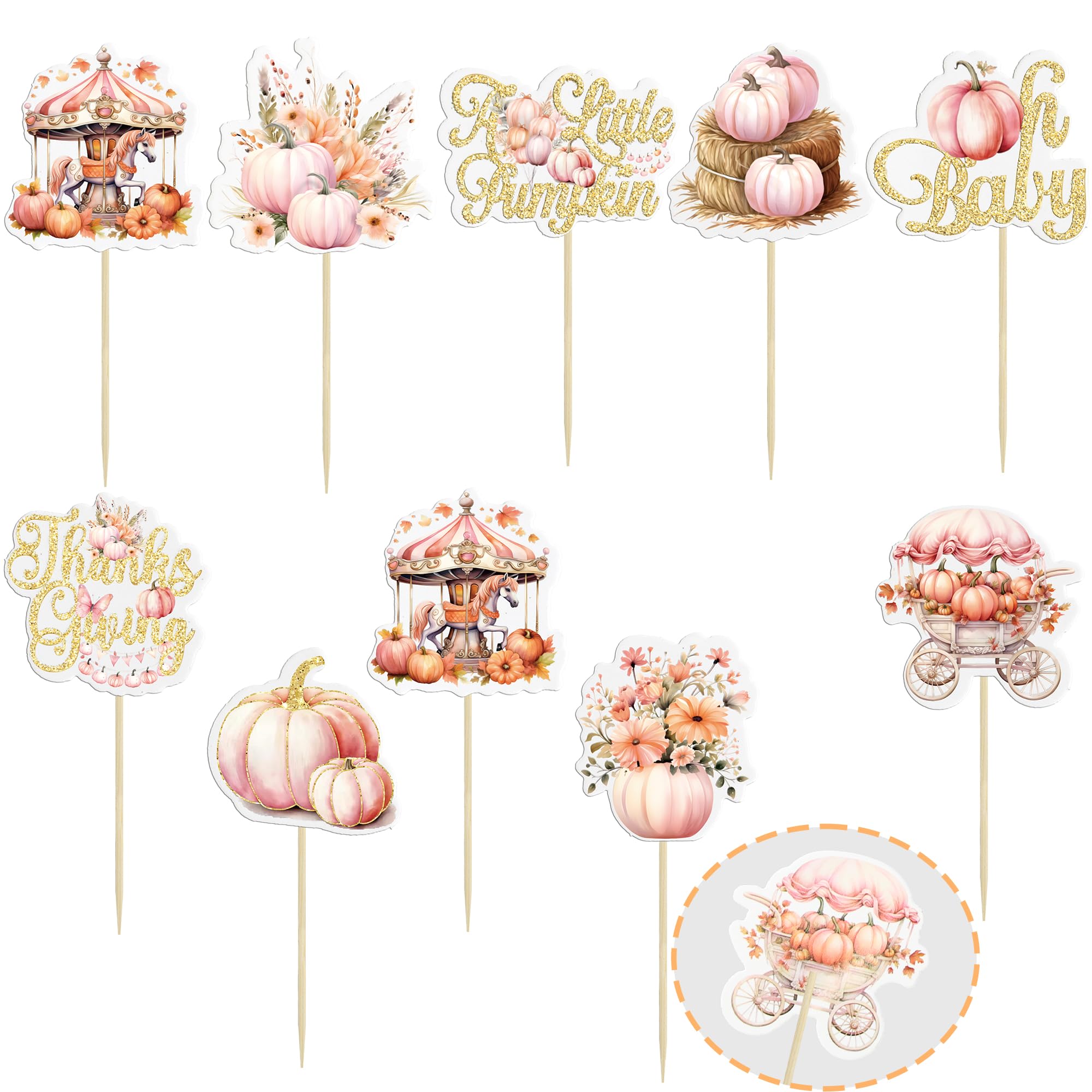Gyufise 36Pcs Pumpkin Oh Baby Cupcake Toppers Little Pumpkin Baby Shower Cake Decorations Fall Floral Cake Topper Picks for Thanksgiving Halloween Gender Reveal Party Supplies Pink - Image 3